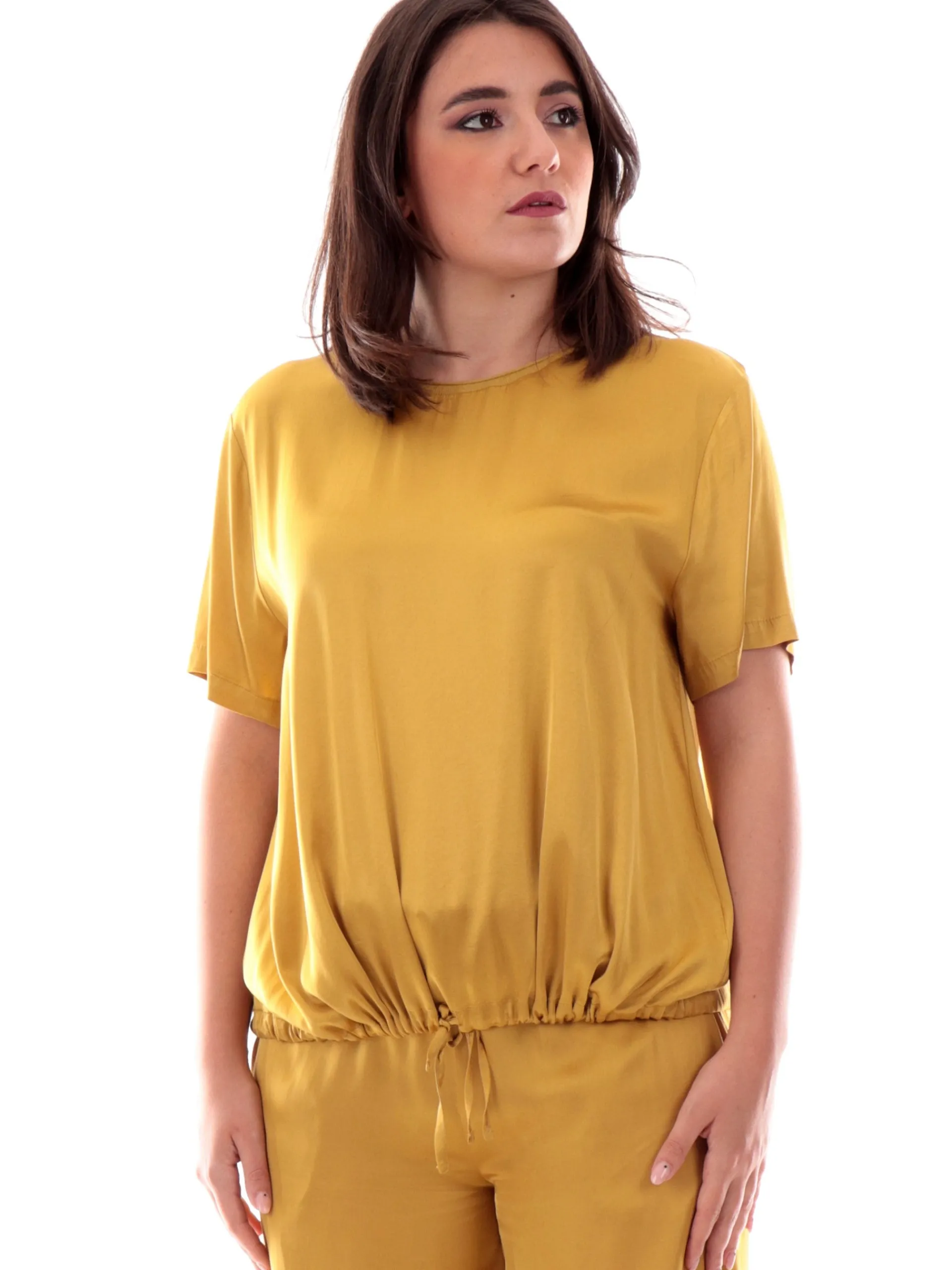 MANILA GRACE Maglie*Blusa girocollo gialla da donna con coulisse C040VUMA