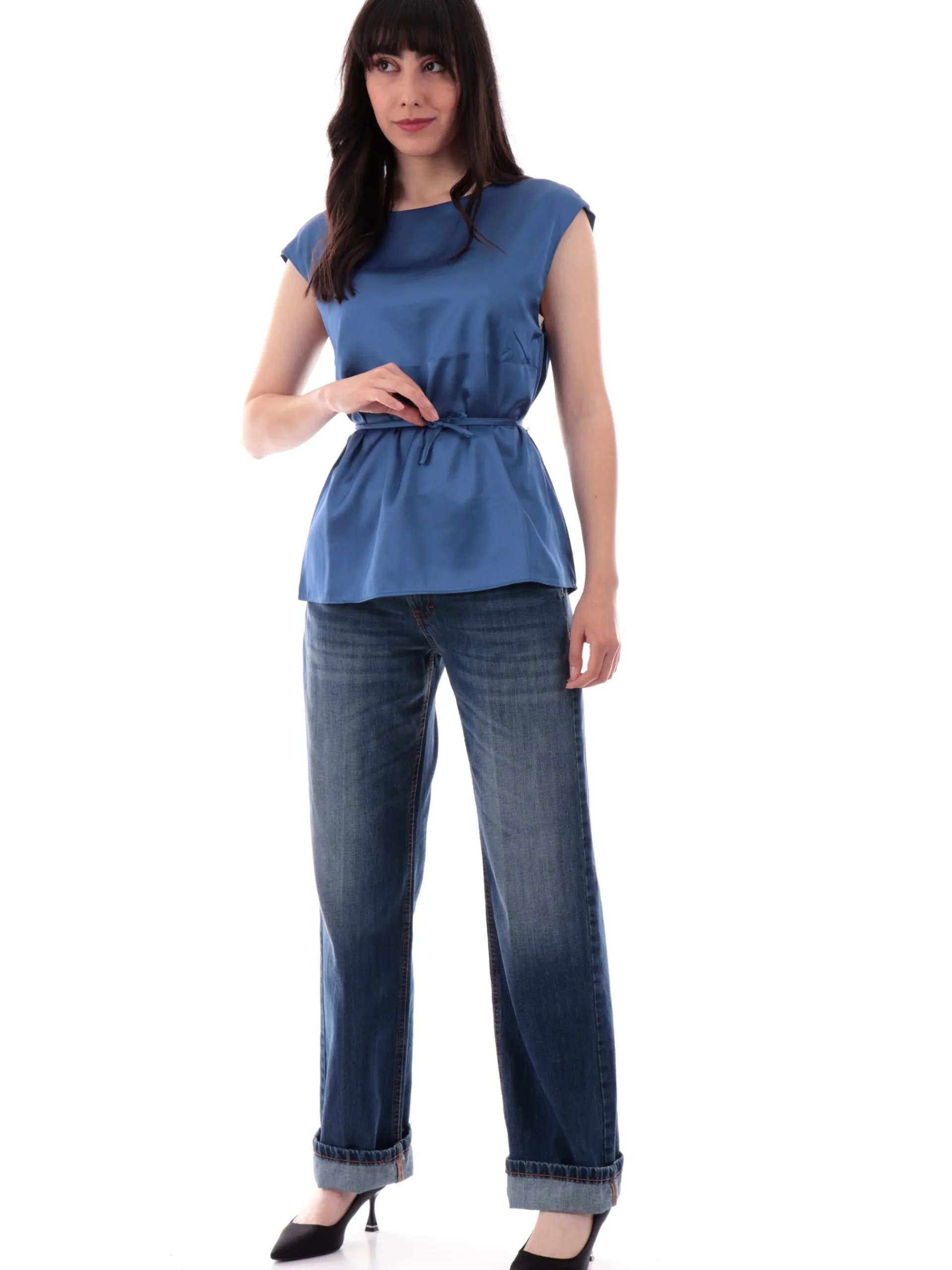YES ZEE Maglie*Blusa Blu da donna raso satin con cintura C230EU000715