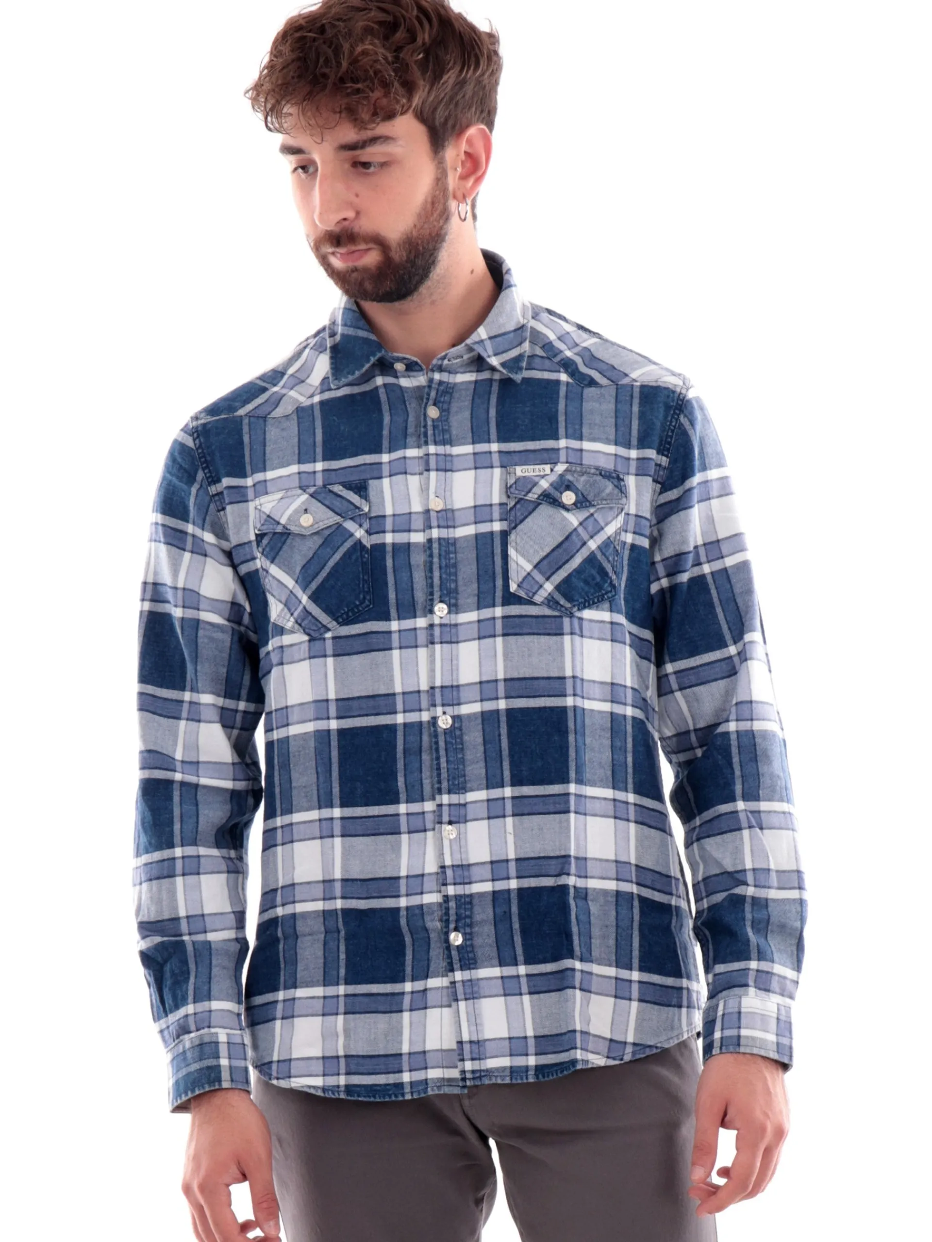 GUESS Camicie*Camicia a quadri blu da uomo Amsterdam M4YH02WGET0