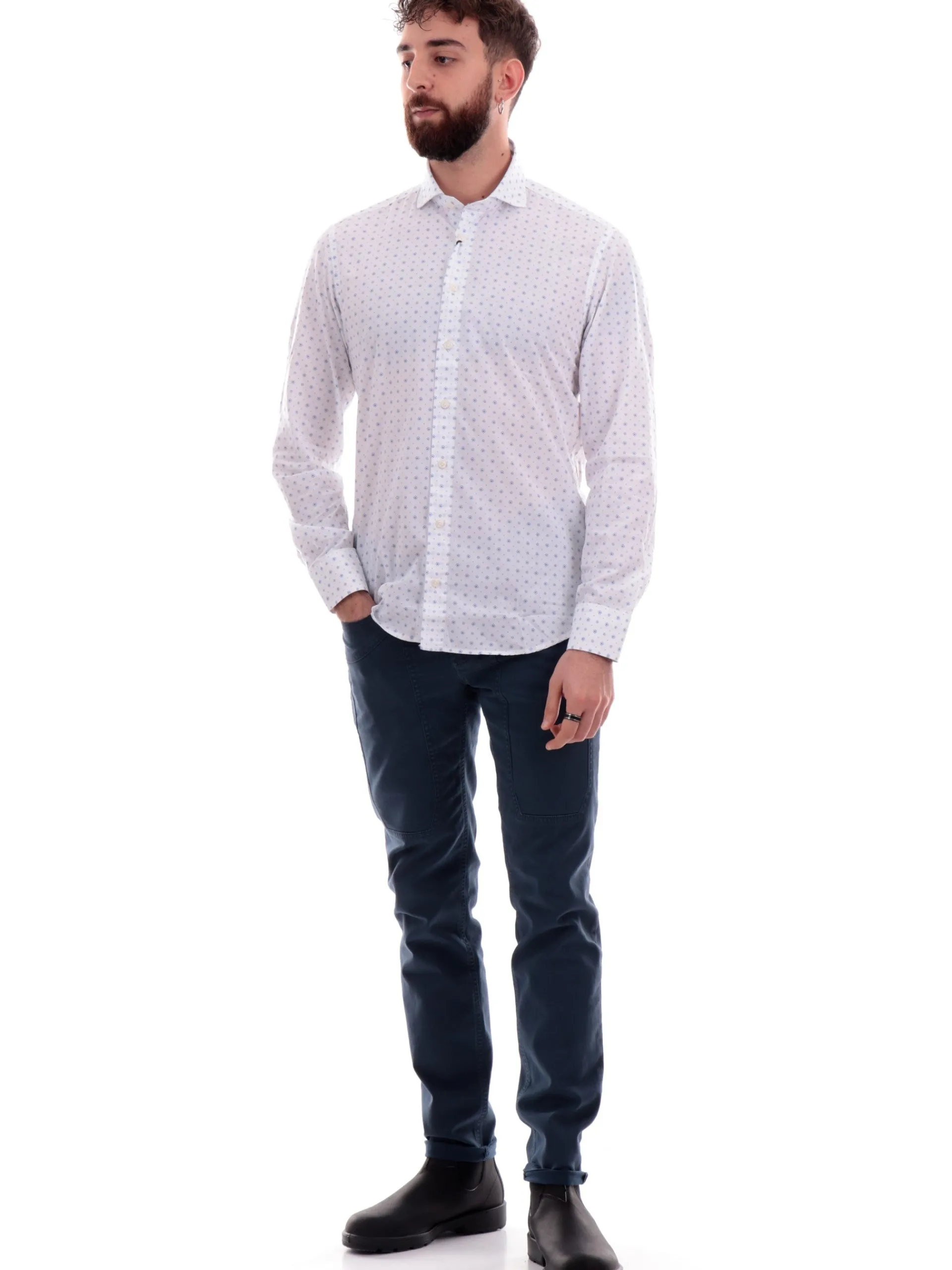 BASTONCINO Camicie*Camicia bianca fantasia geo blu da uomo 401
