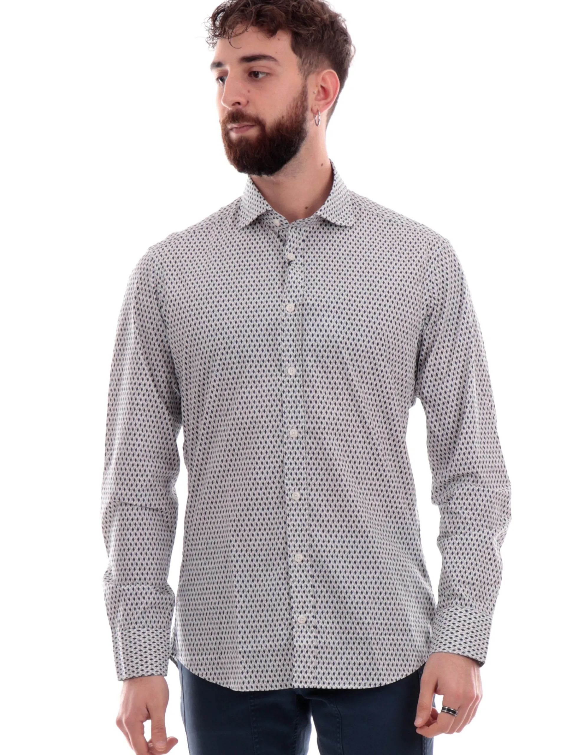 BASTONCINO Camicie*Camicia bianca fantasia geo rombi blu da uomo 4086