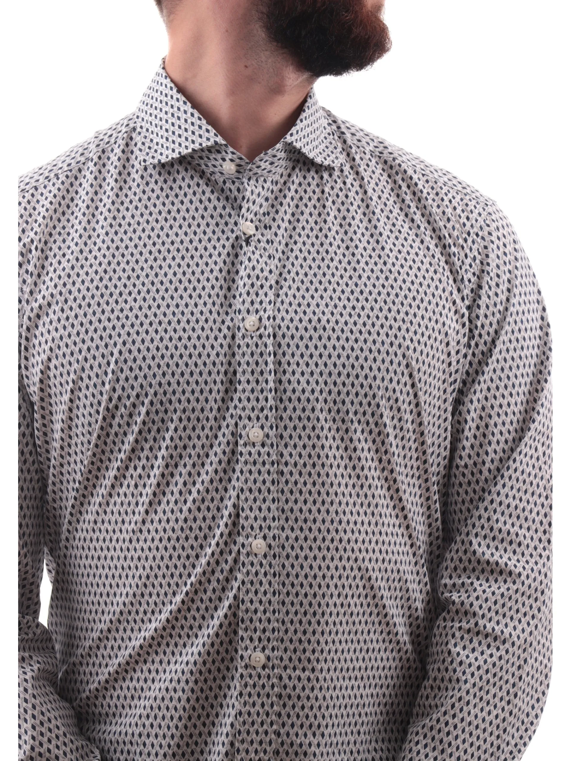 BASTONCINO Camicie*Camicia bianca fantasia geo rombi blu da uomo 4086