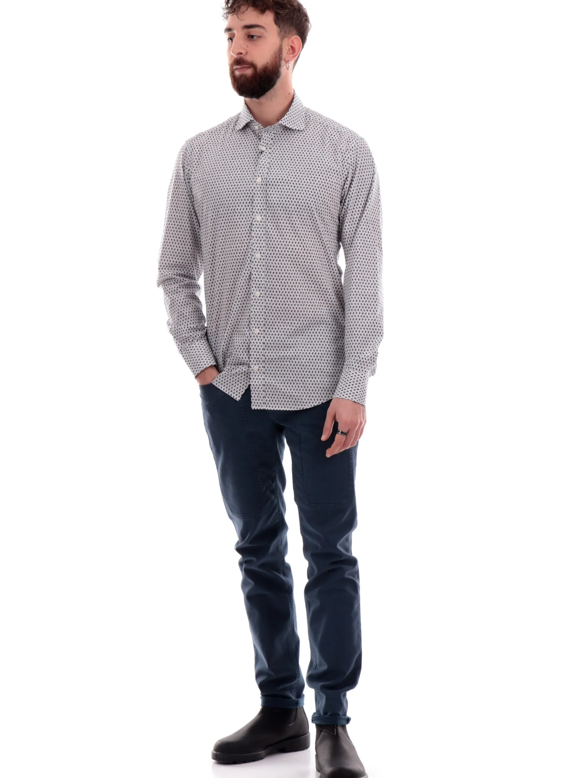 BASTONCINO Camicie*Camicia bianca fantasia geo rombi blu da uomo 4086