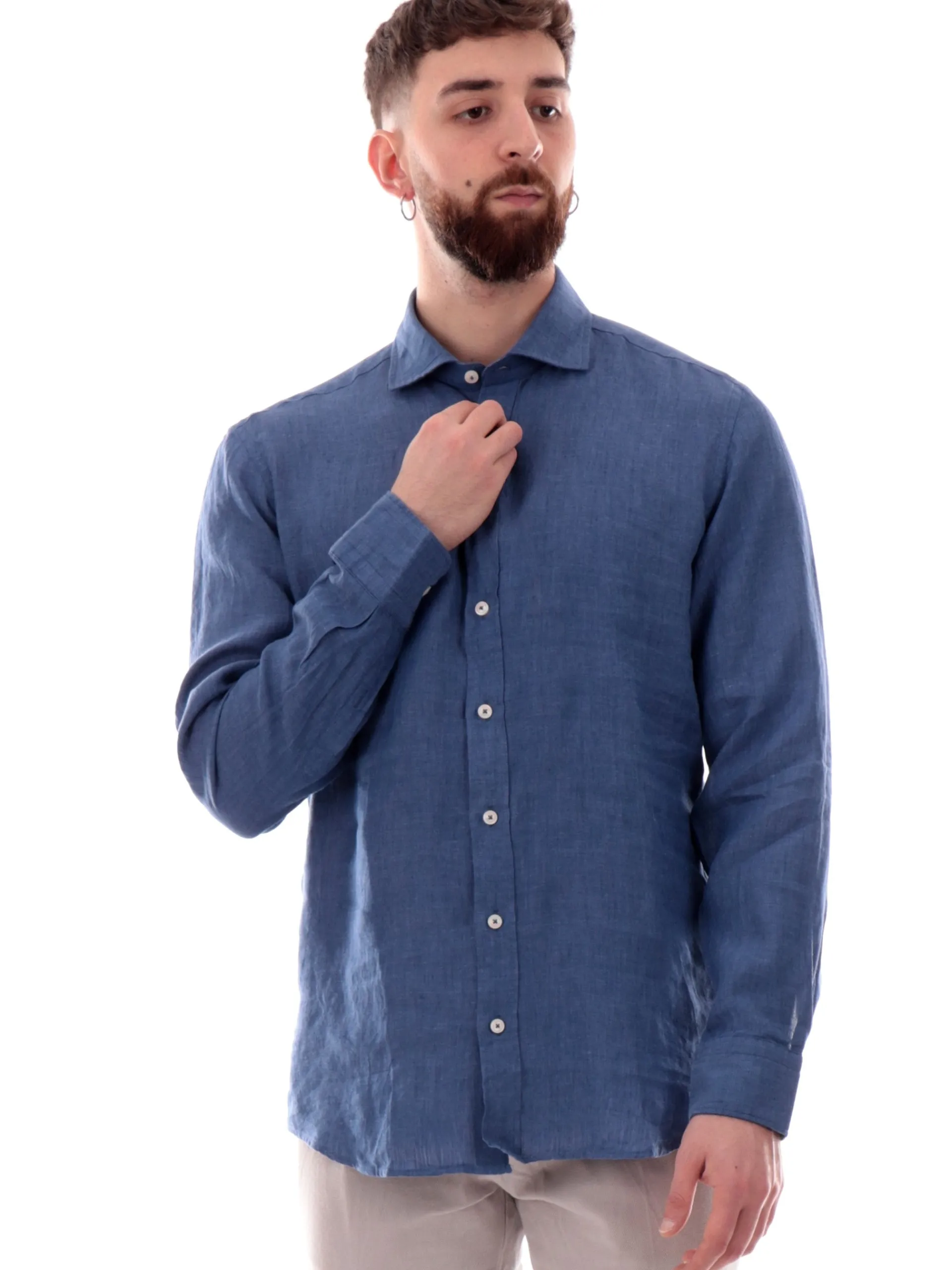 BASTONCINO Camicie*Camicia blu 100% lino da uomo maniche lunghe B05021