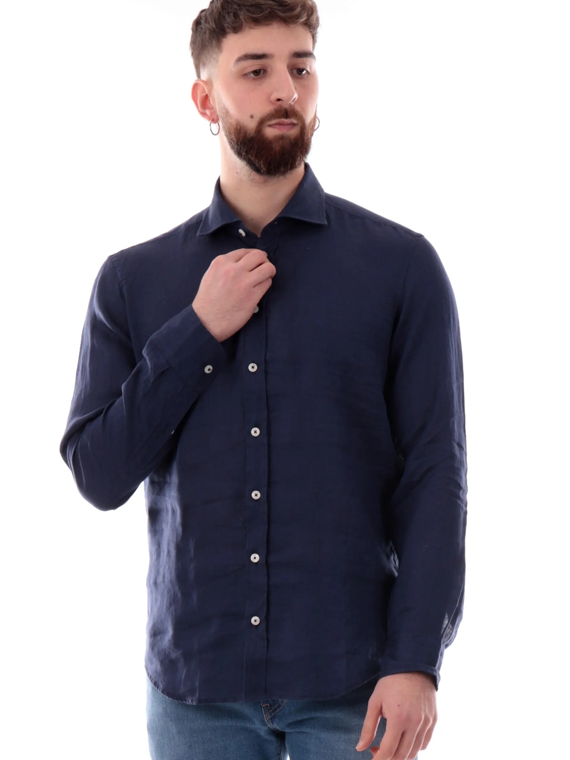 BASTONCINO Camicie*Camicia blu 100% lino da uomo maniche lunghe B05023