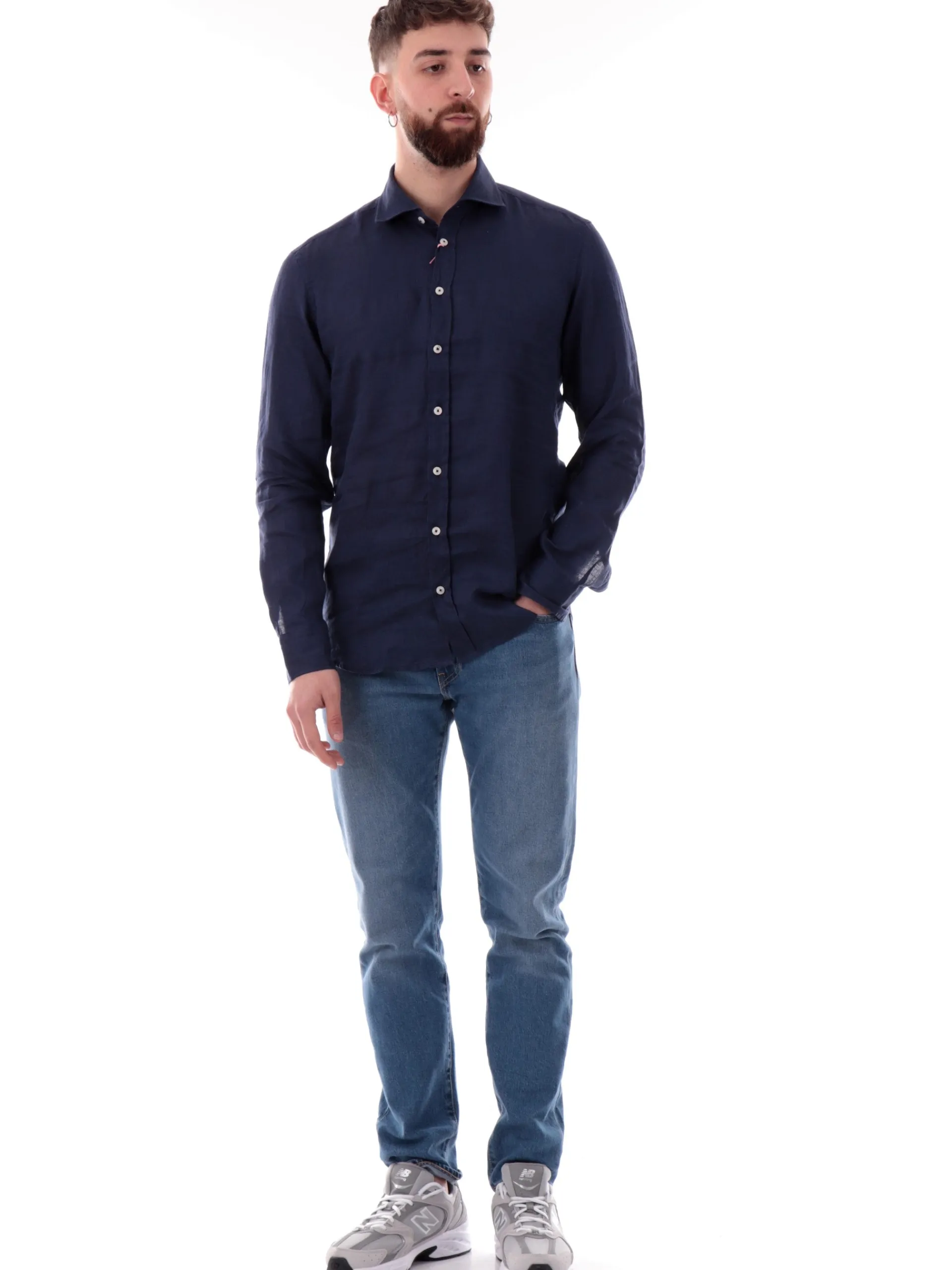 BASTONCINO Camicie*Camicia blu 100% lino da uomo maniche lunghe B05023