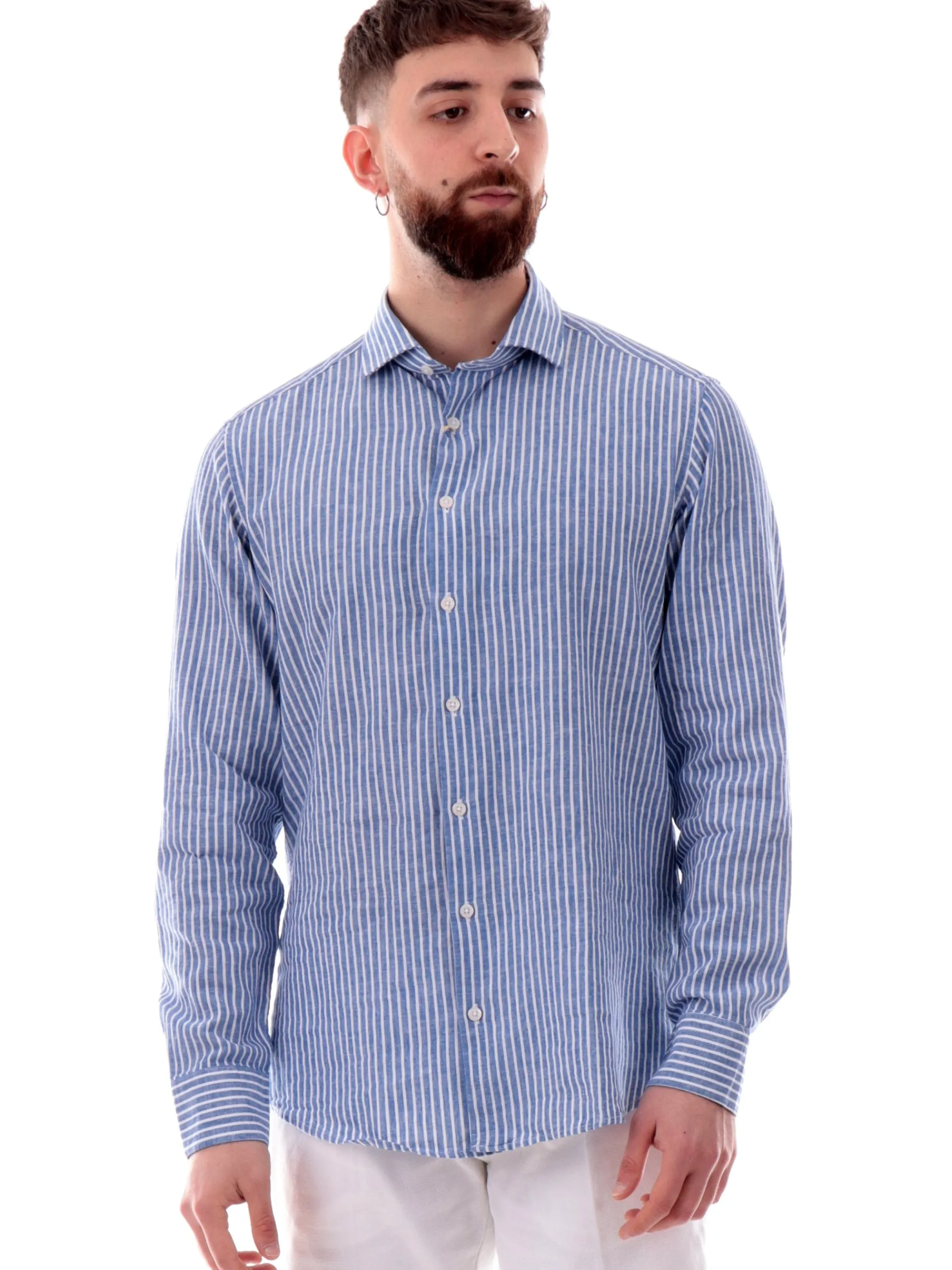 BASTONCINO Camicie*Camicia blu a righe da uomo misto lino maniche lunghe 11184