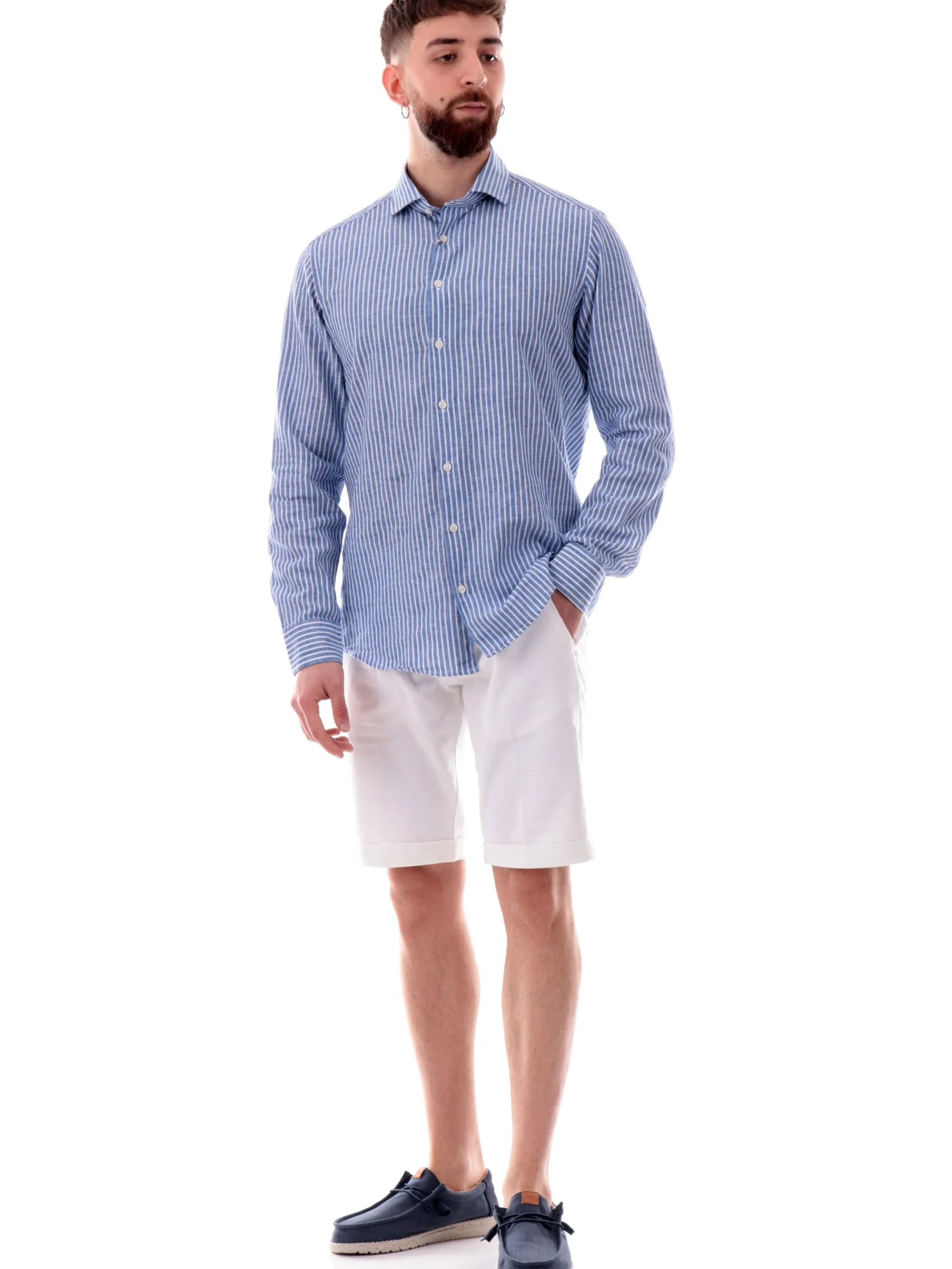 BASTONCINO Camicie*Camicia blu a righe da uomo misto lino maniche lunghe 11184