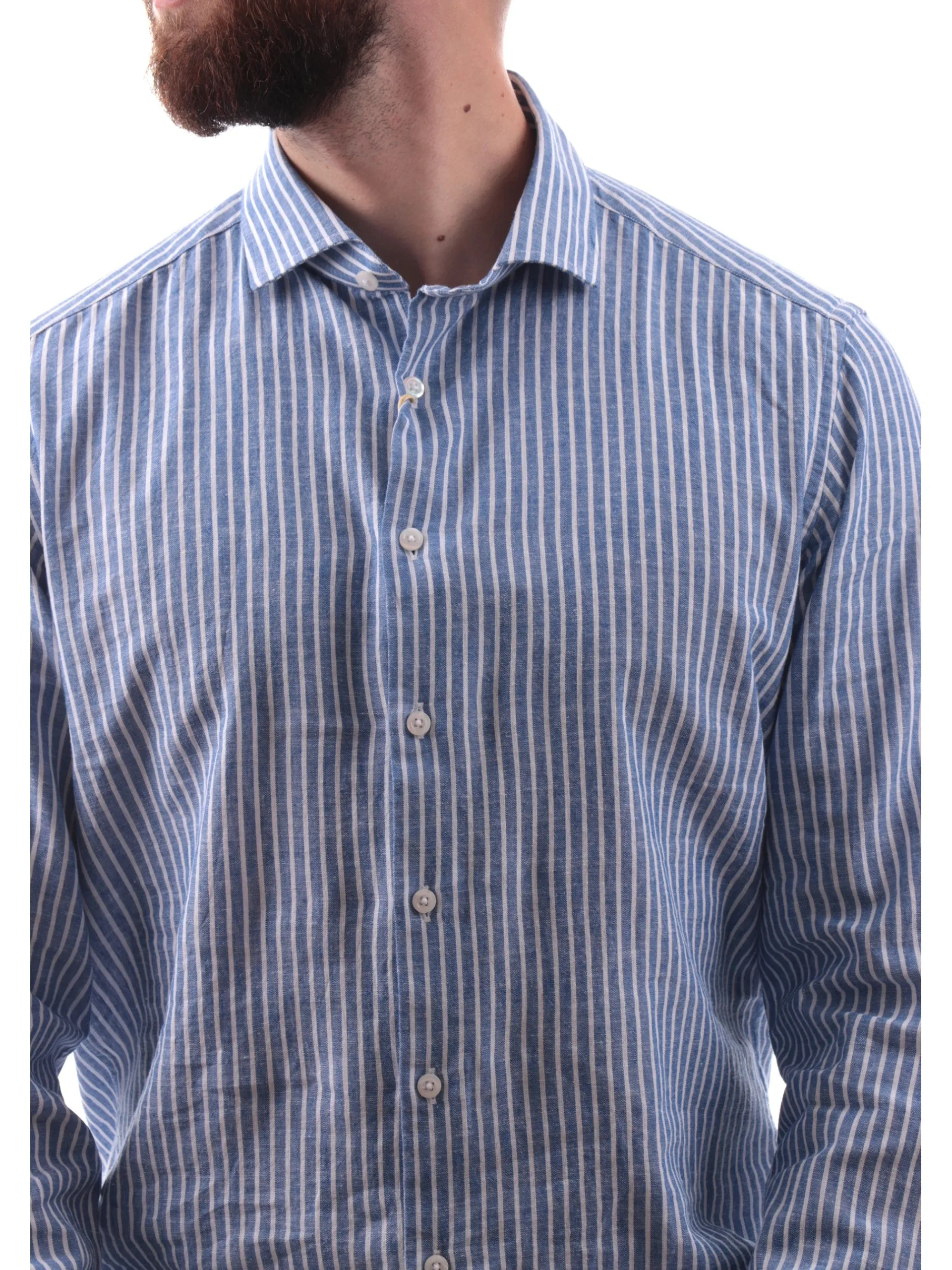 BASTONCINO Camicie*Camicia blu a righe da uomo misto lino maniche lunghe 11184