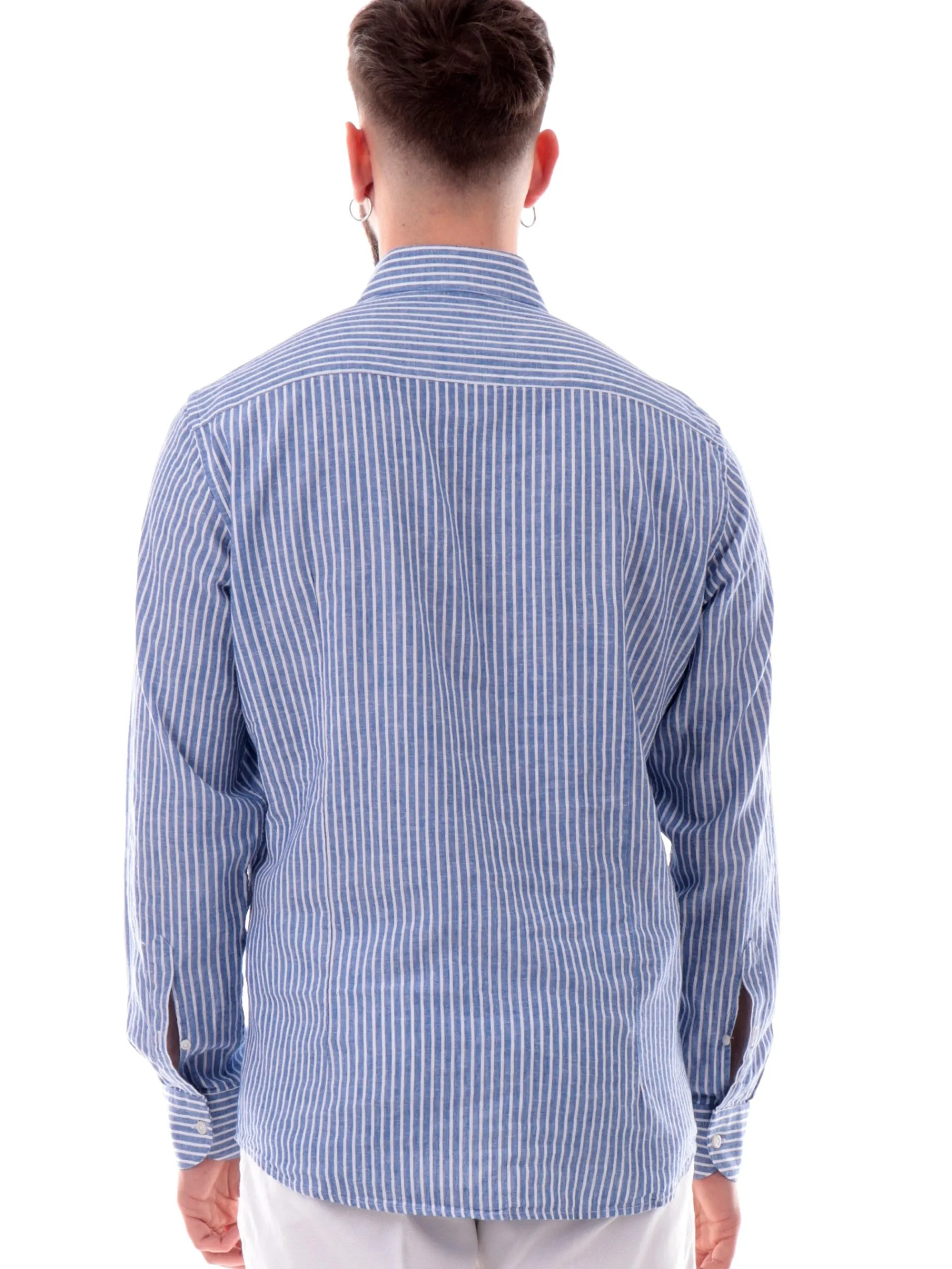 BASTONCINO Camicie*Camicia blu a righe da uomo misto lino maniche lunghe 11184