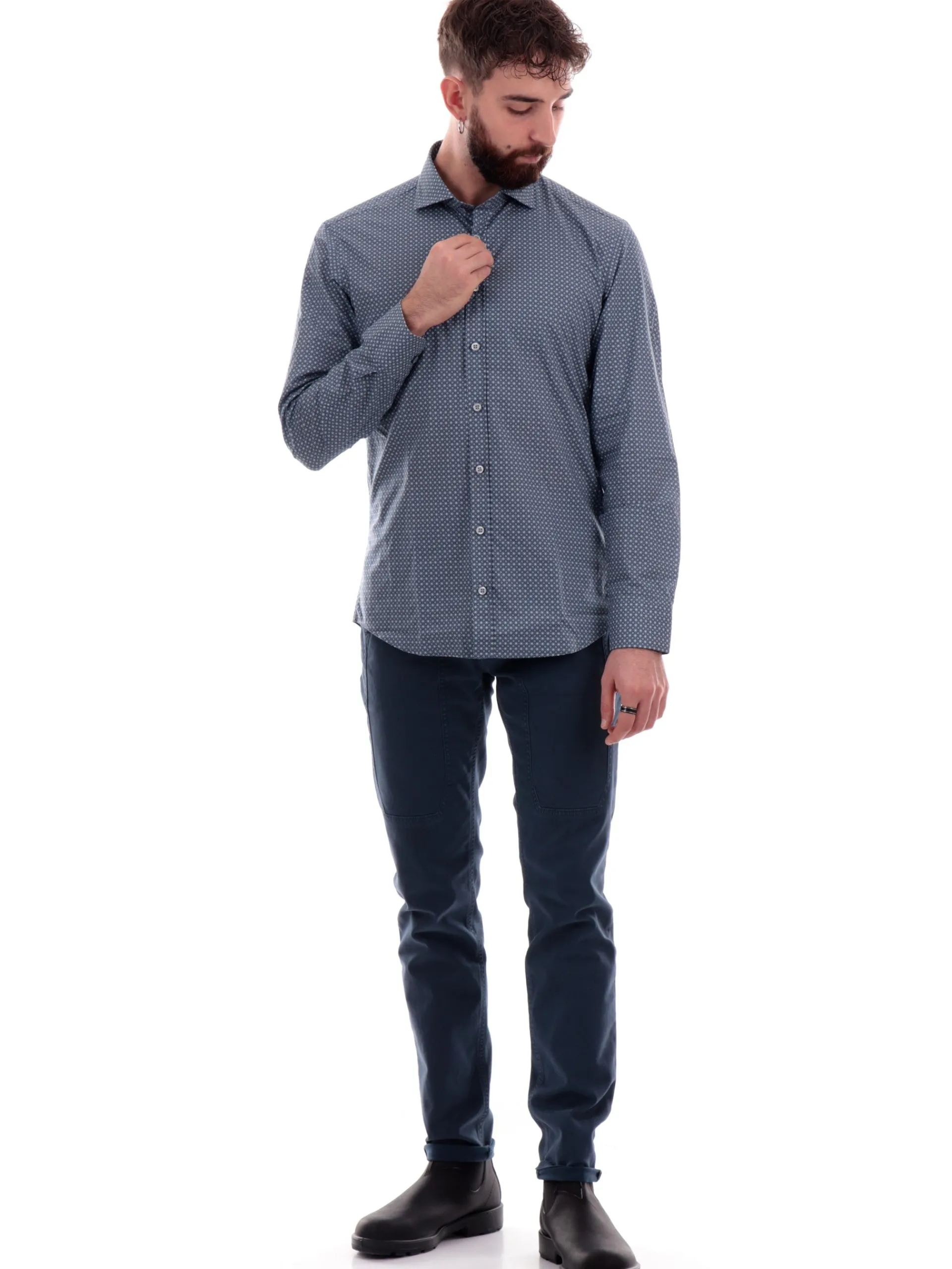 BASTONCINO Camicie*Camicia blu fantasia geo da uomo 406