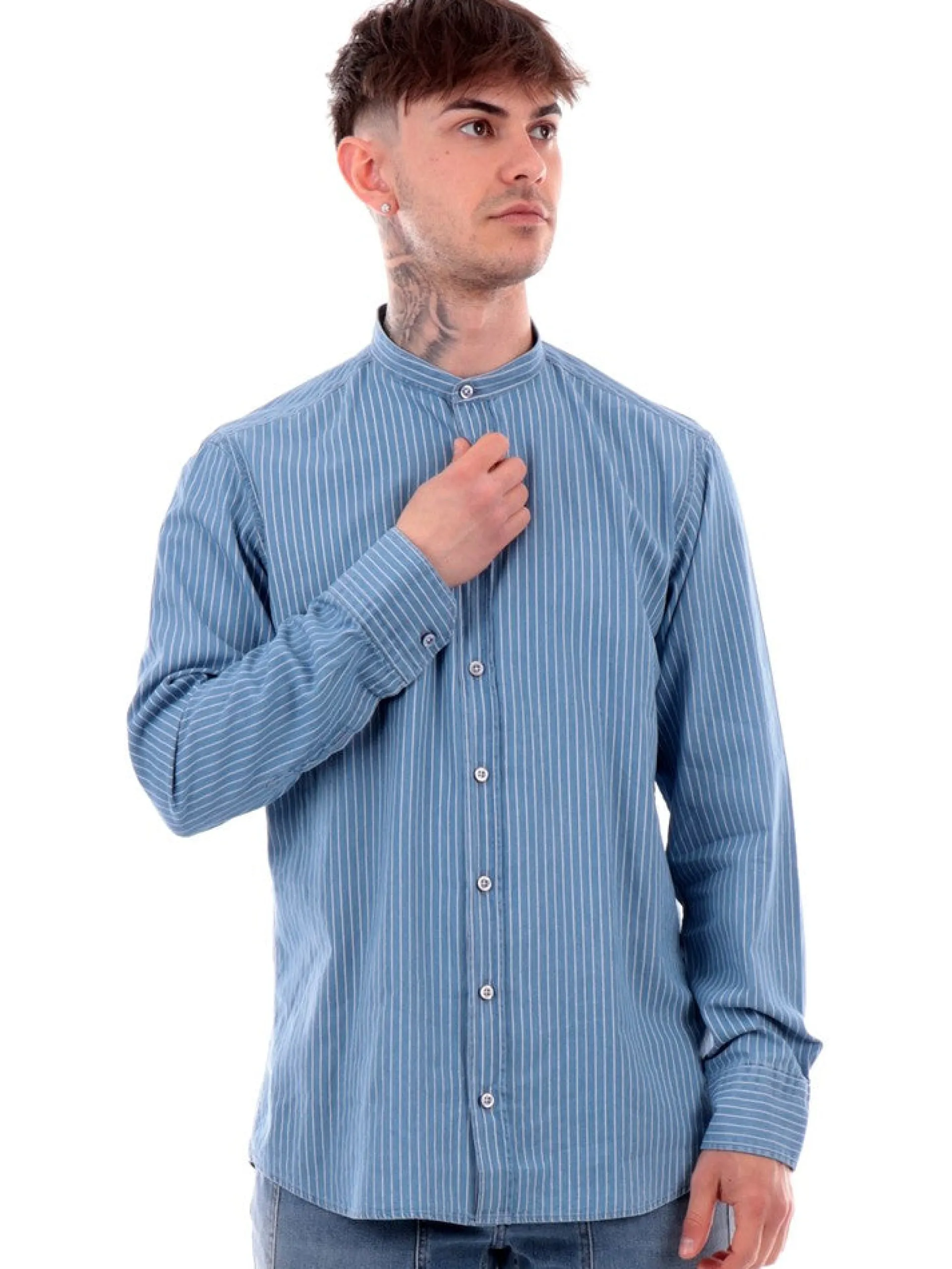BASTONCINO Camicie*Camicia blu jeans da uomo a righe 272