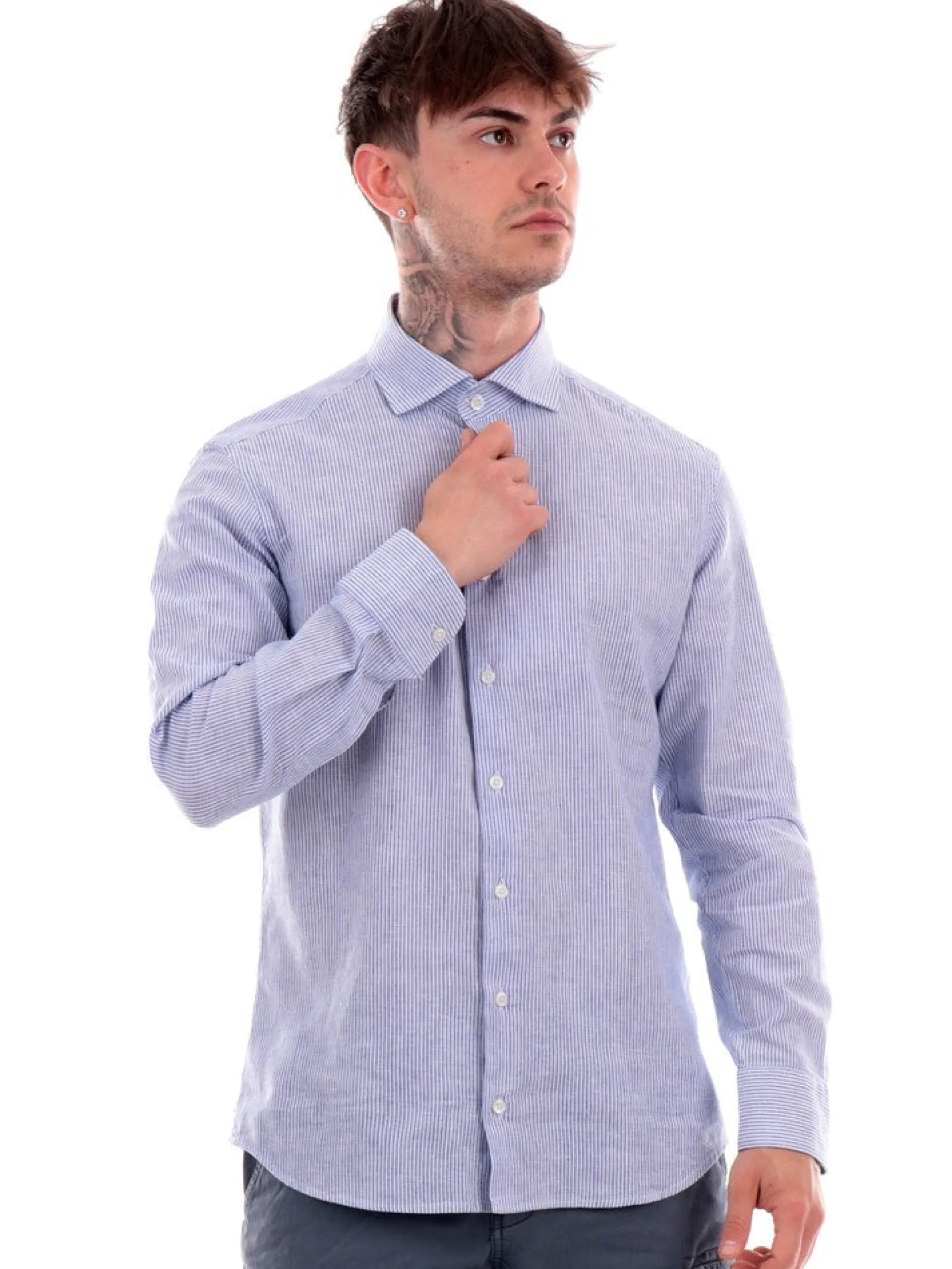 BASTONCINO Camicie*Camicia celeste da uomo a righe 111
