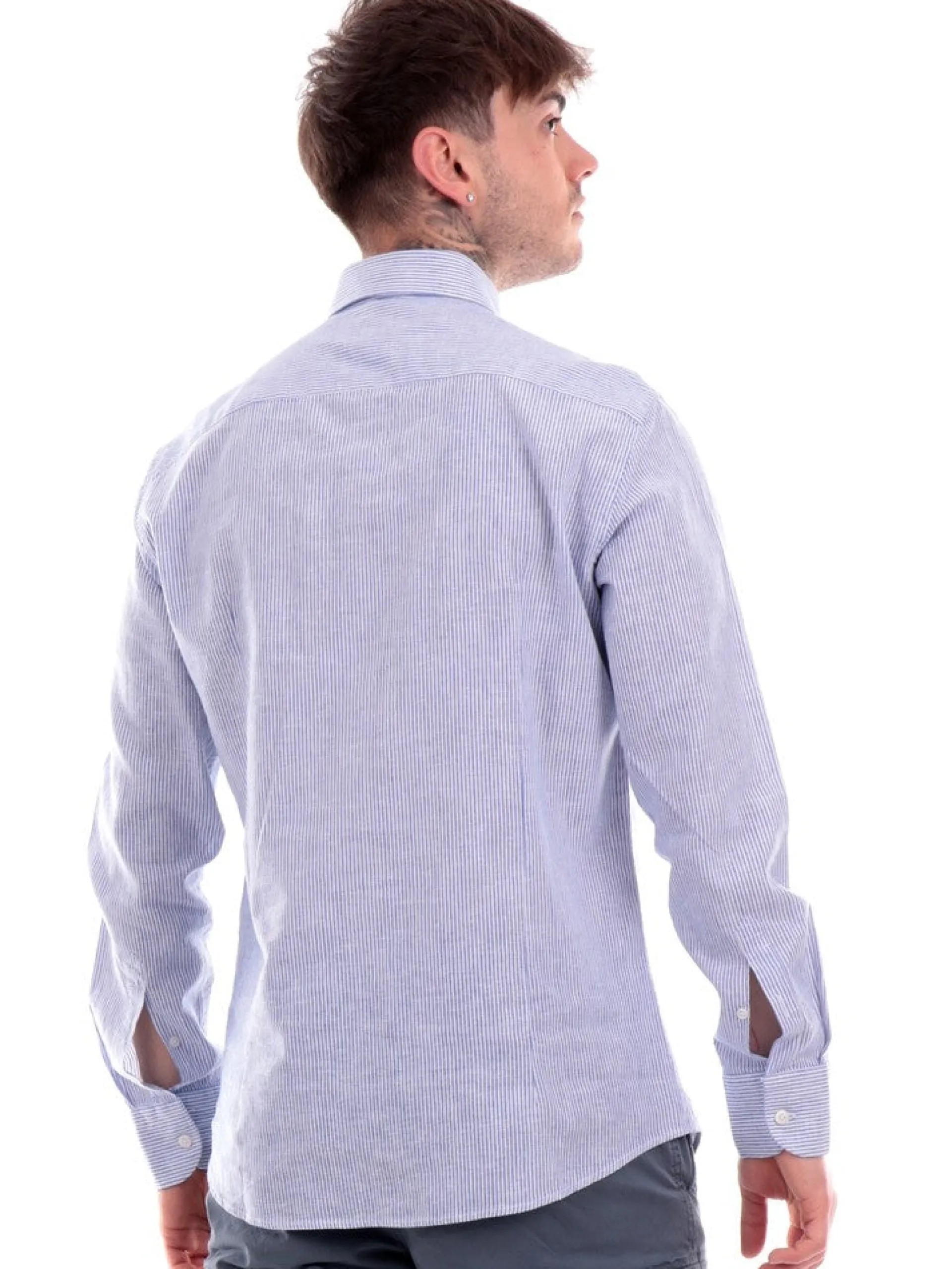 BASTONCINO Camicie*Camicia celeste da uomo a righe 111
