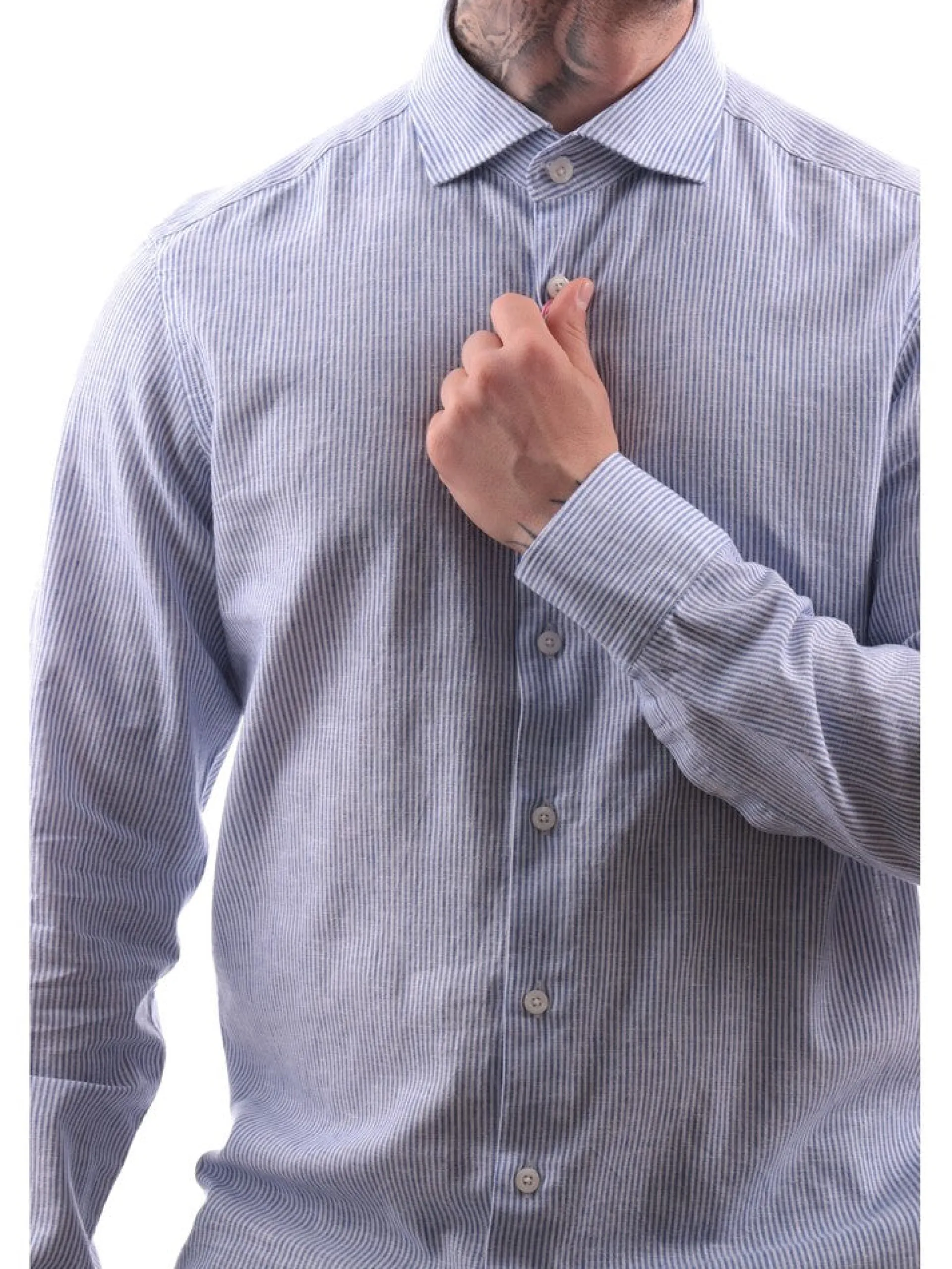 BASTONCINO Camicie*Camicia celeste da uomo a righe 111