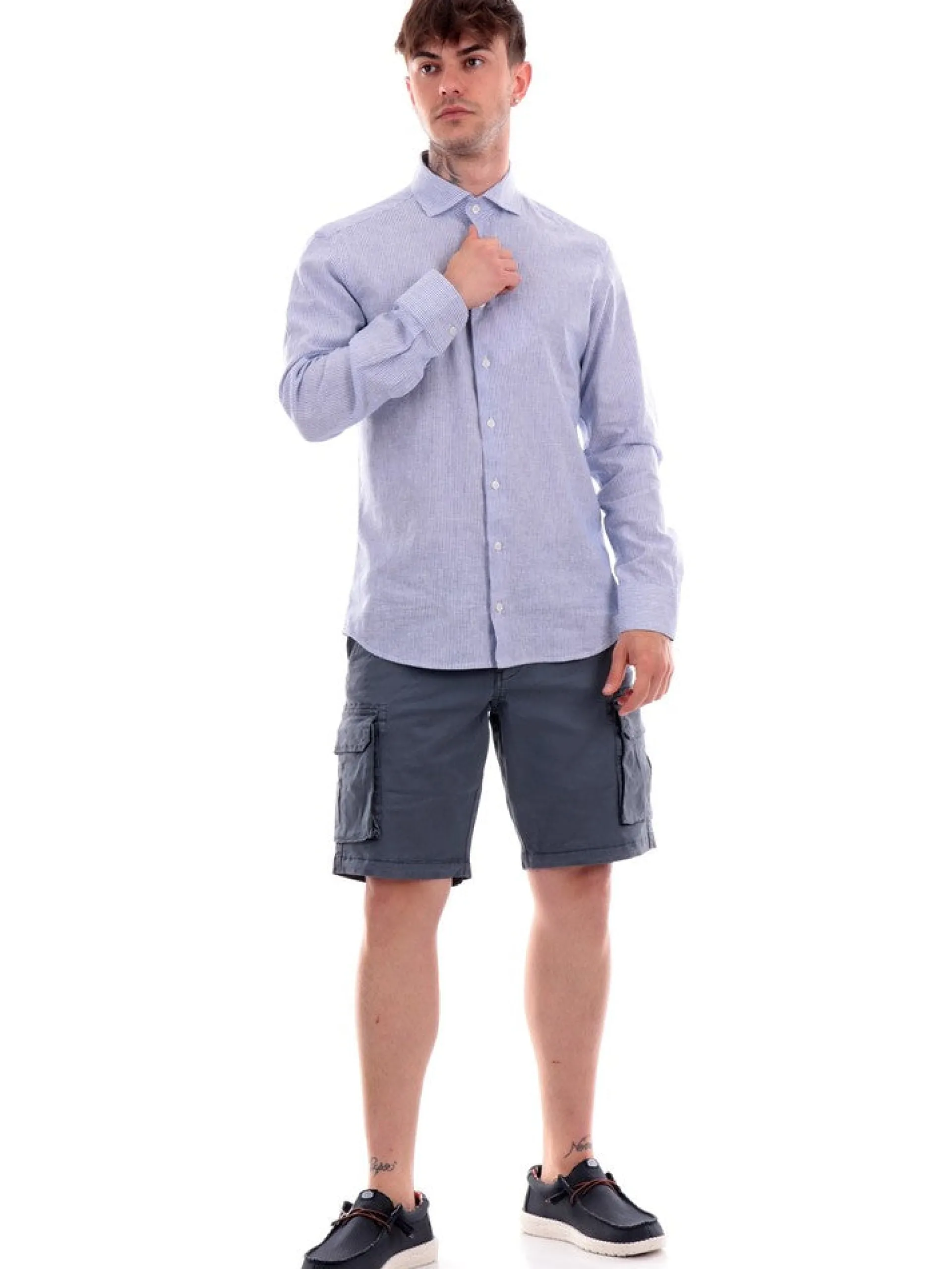 BASTONCINO Camicie*Camicia celeste da uomo a righe 111