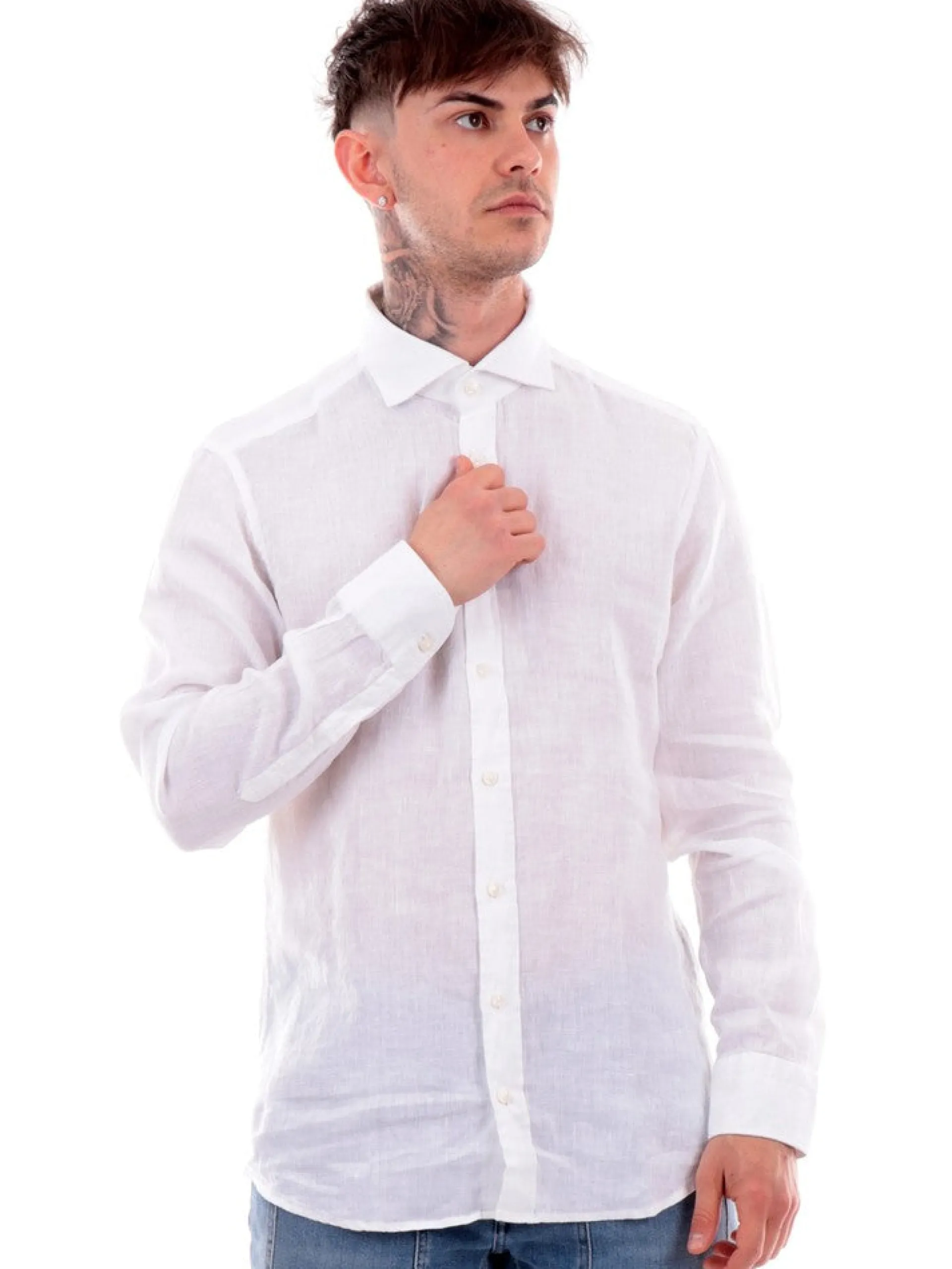 BASTONCINO Camicie*Camicia da uomo Bianca in Lino B050