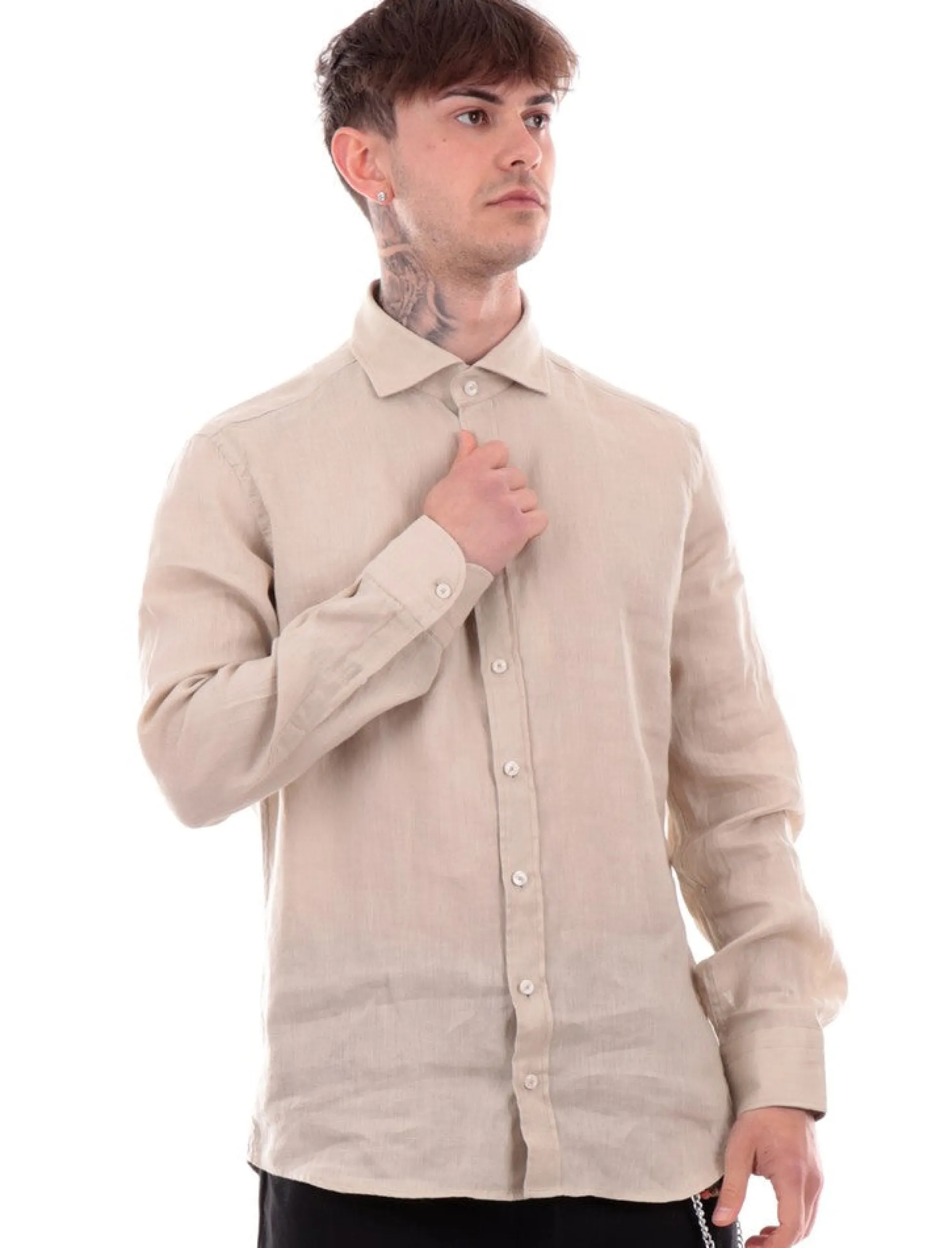 BASTONCINO Camicie*Camicia da uomo beige in Lino B050