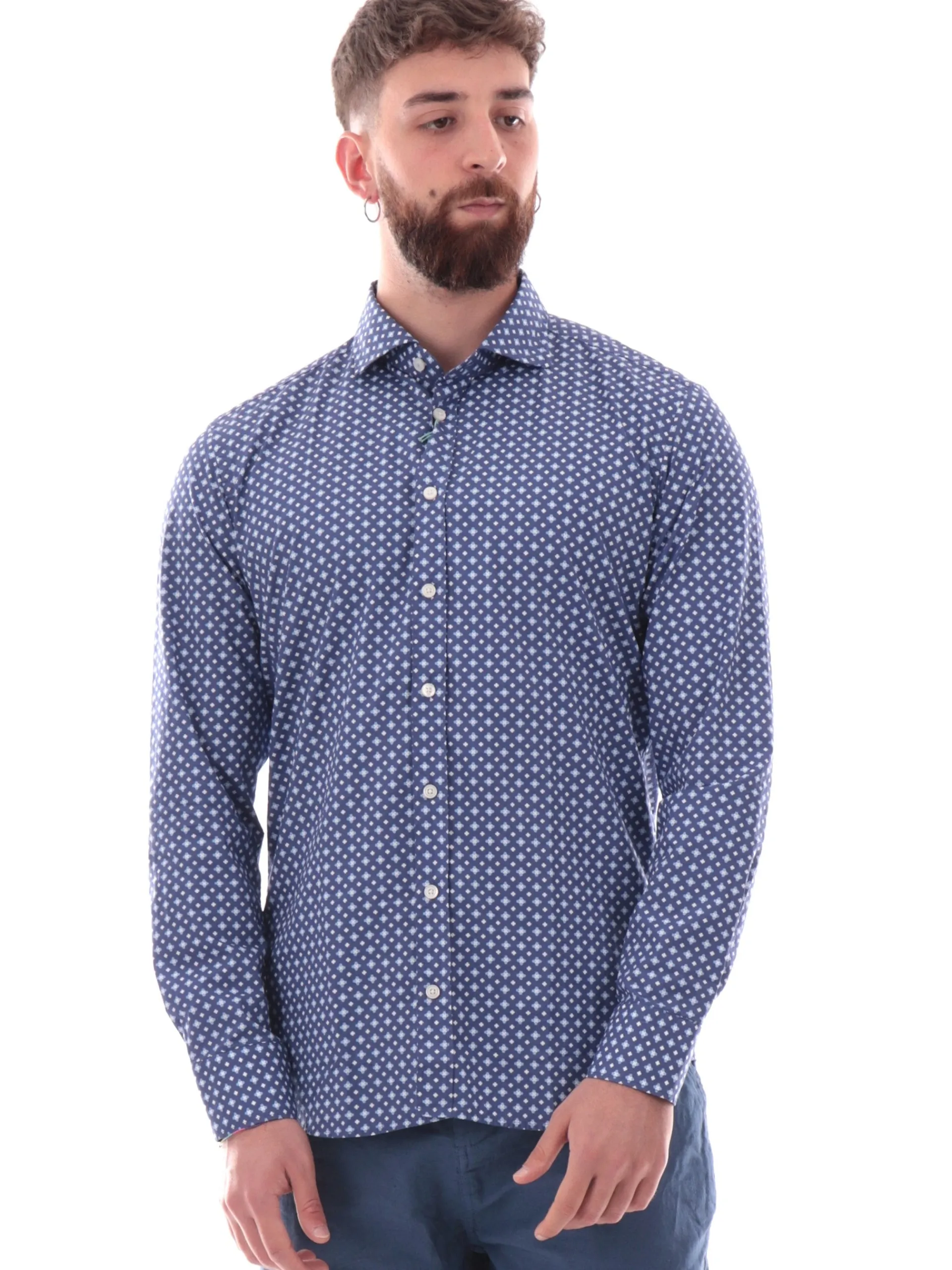 BASTONCINO Camicie*Camicia fantasia geo blu da uomo maniche lunghe 42634