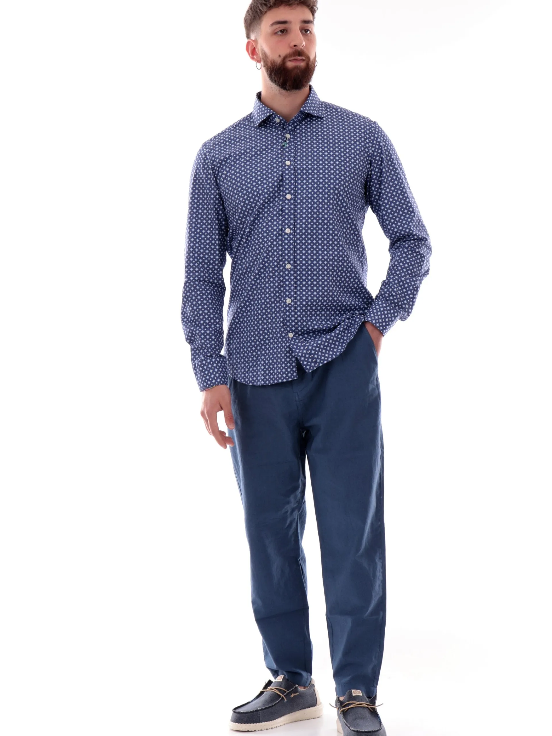 BASTONCINO Camicie*Camicia fantasia geo blu da uomo maniche lunghe 42634