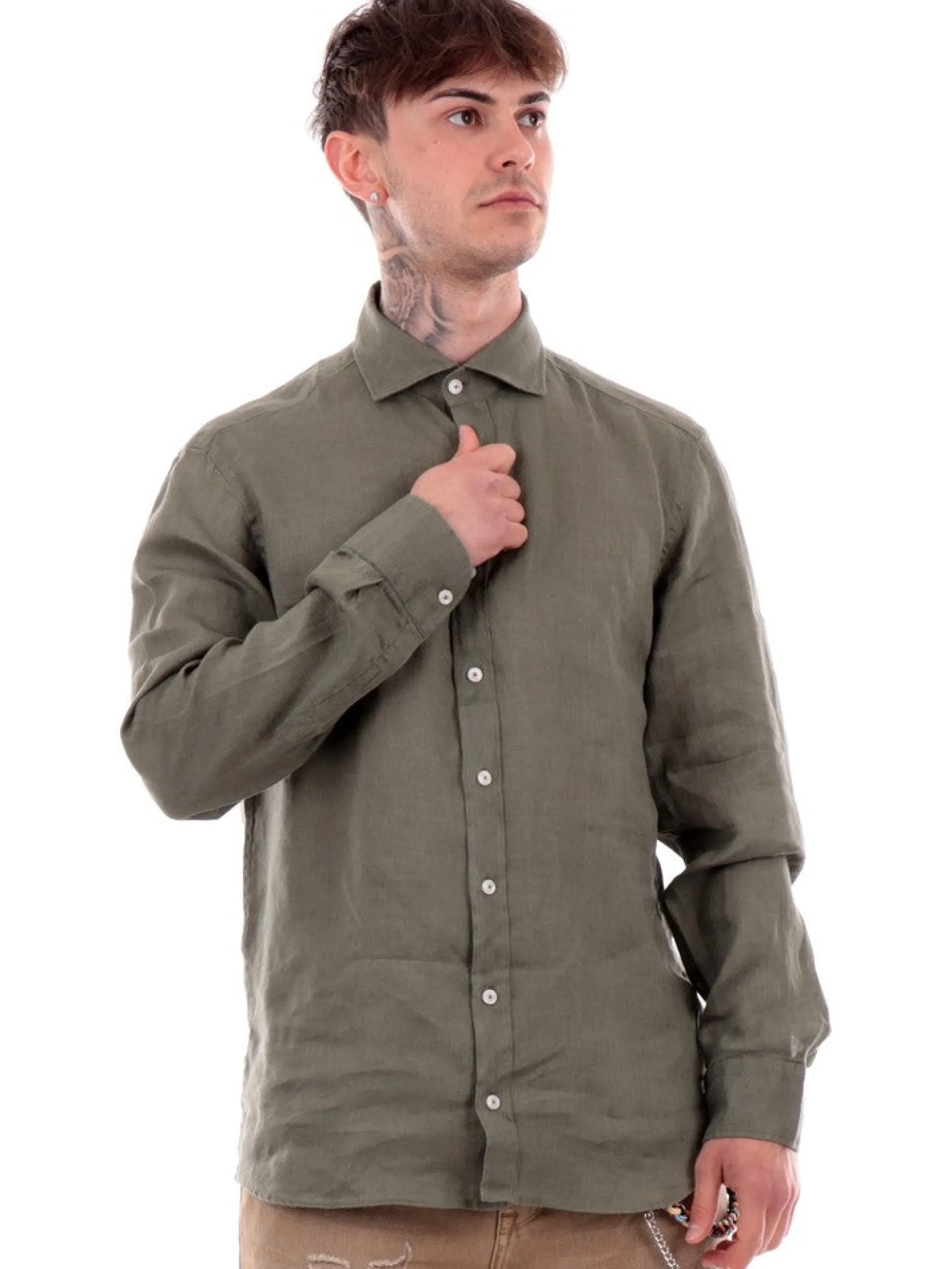 BASTONCINO Camicie*Camicia Lino verde da Uomo B050