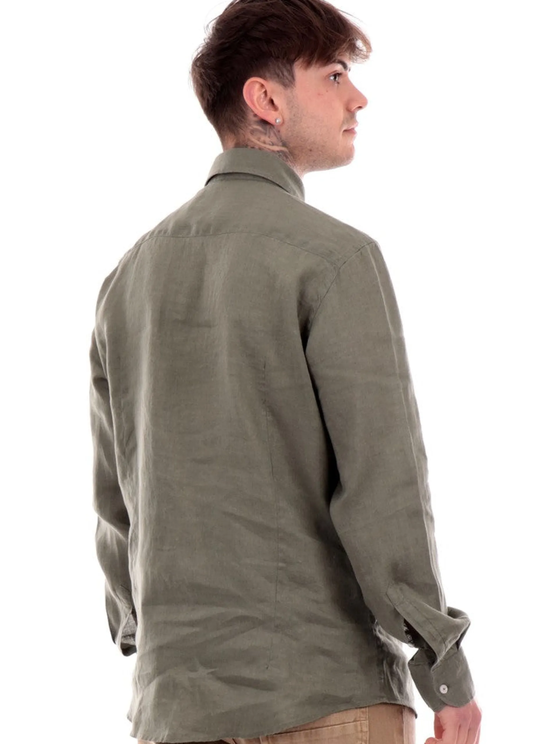 BASTONCINO Camicie*Camicia Lino verde da Uomo B050