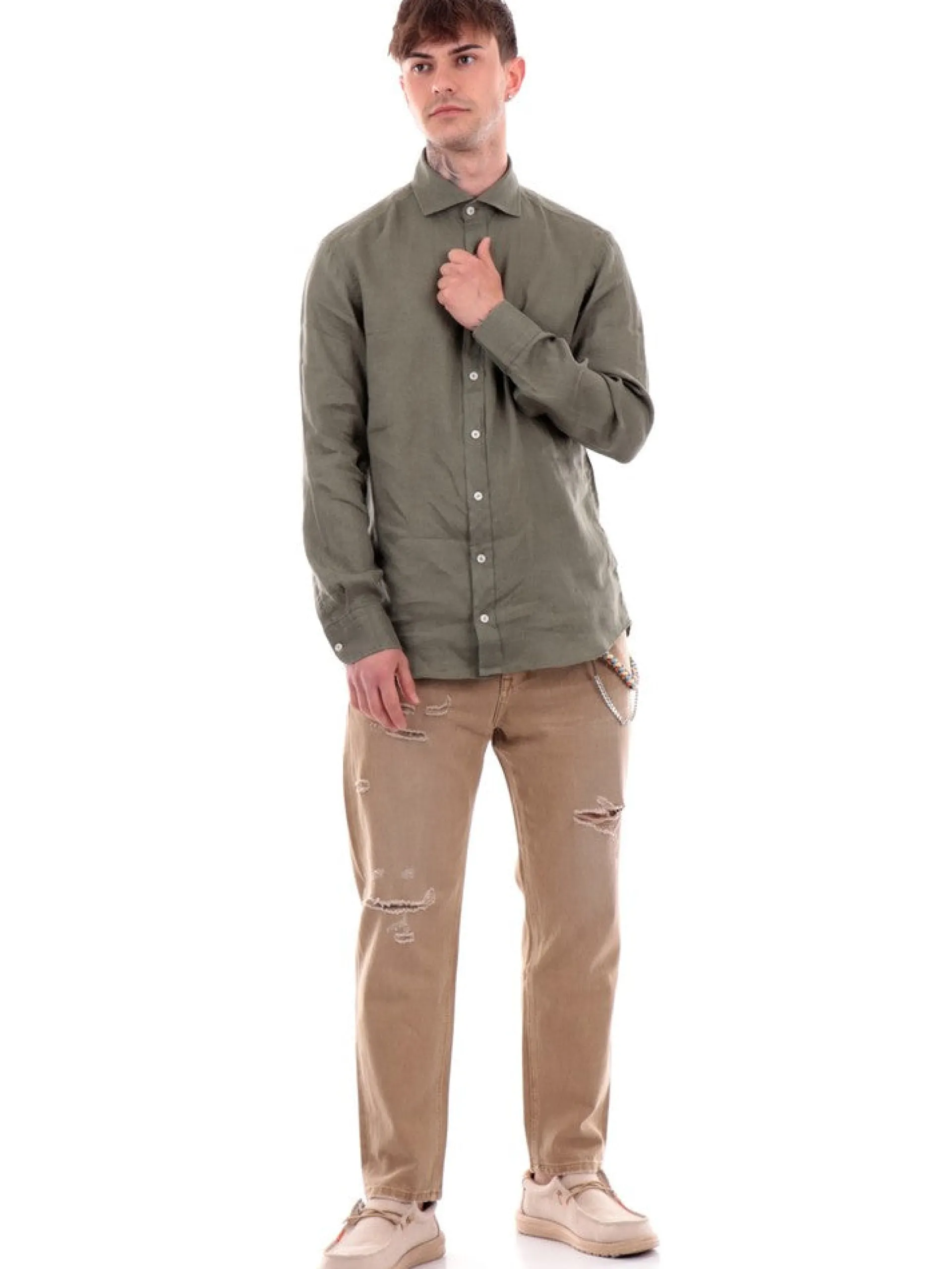BASTONCINO Camicie*Camicia Lino verde da Uomo B050