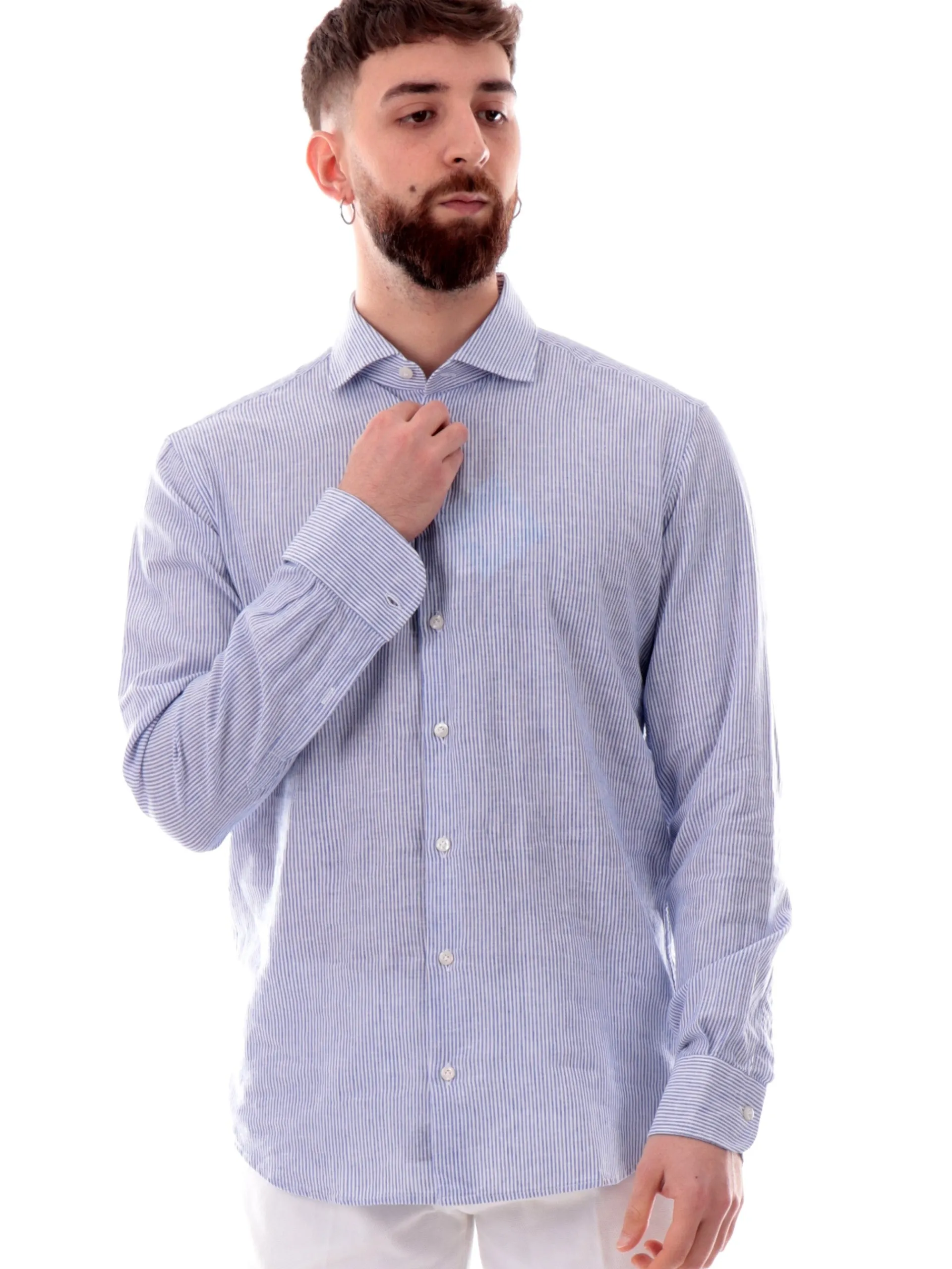 BASTONCINO Camicie*Camicia misto lino blu da uomo a righe 11182