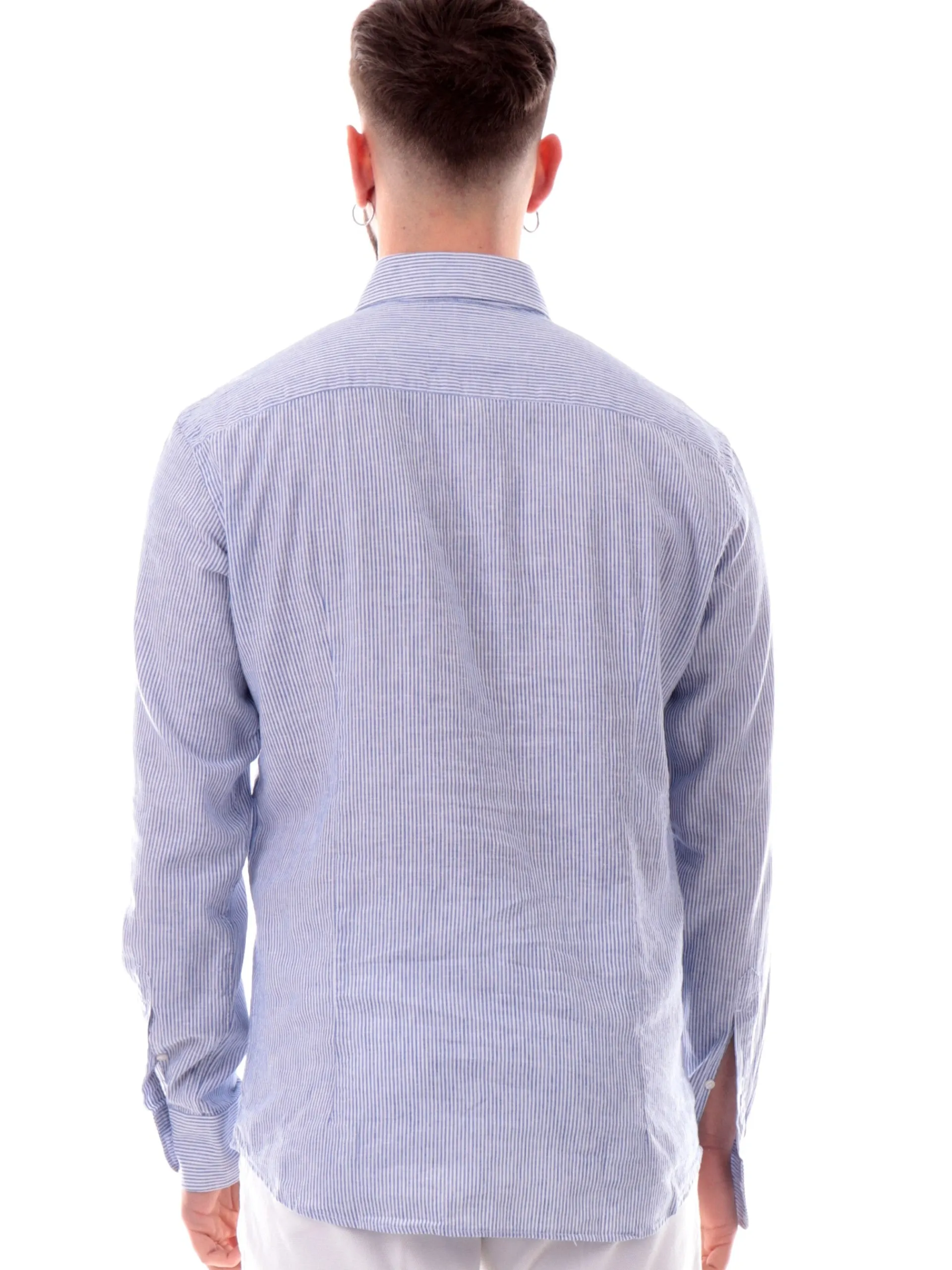BASTONCINO Camicie*Camicia misto lino blu da uomo a righe 11182