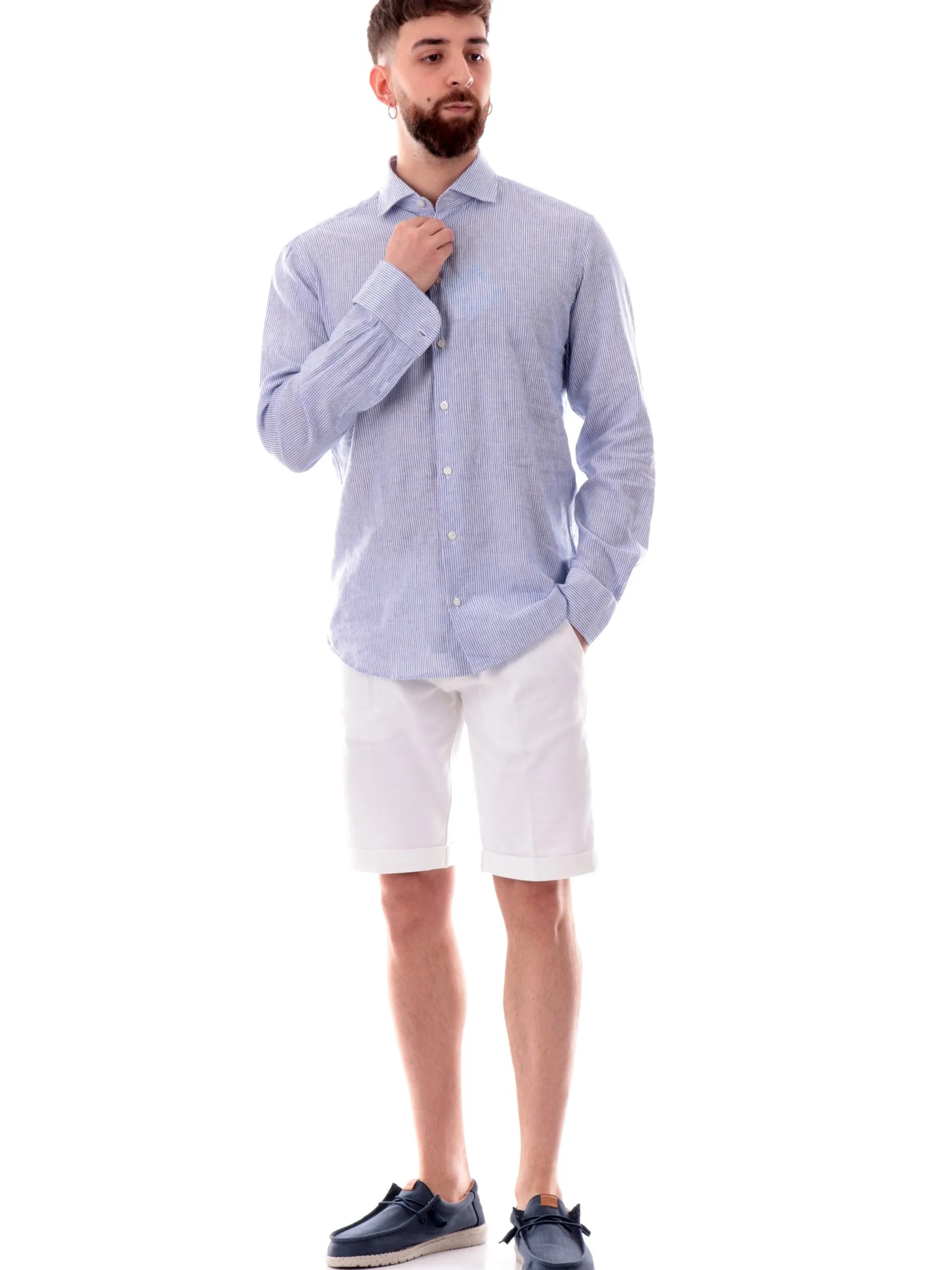 BASTONCINO Camicie*Camicia misto lino blu da uomo a righe 11182
