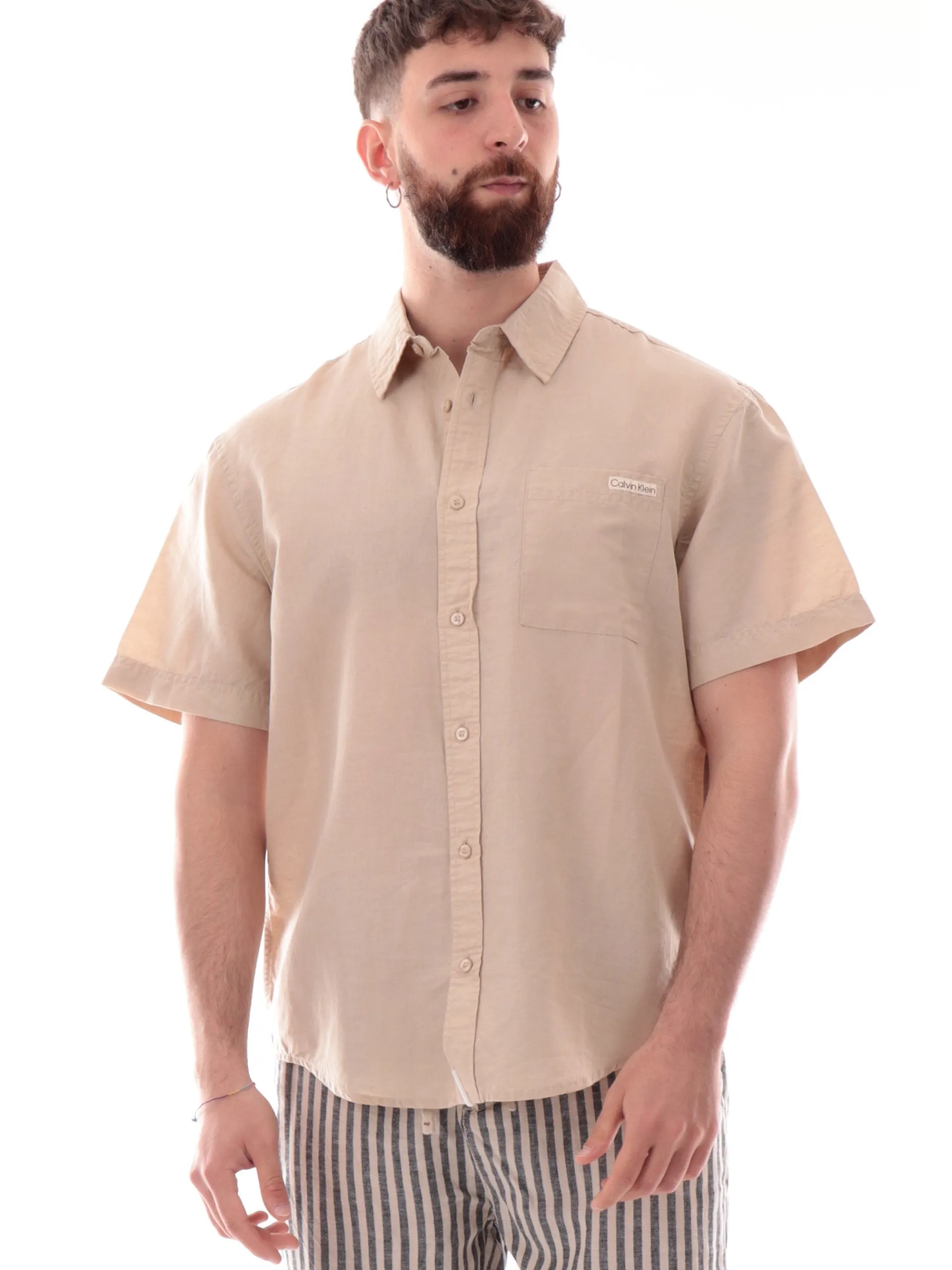 CALVIN KLEIN Camicie*Camicia lino beige da uomo maniche corte J30J327296