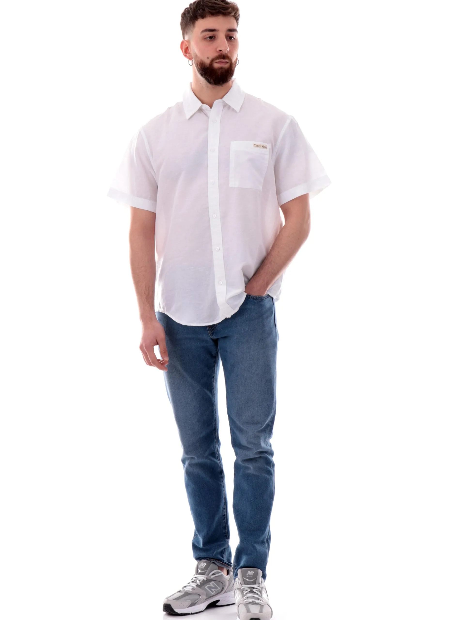 CALVIN KLEIN Camicie*Camicia lino bianca da uomo maniche corte J30J327296