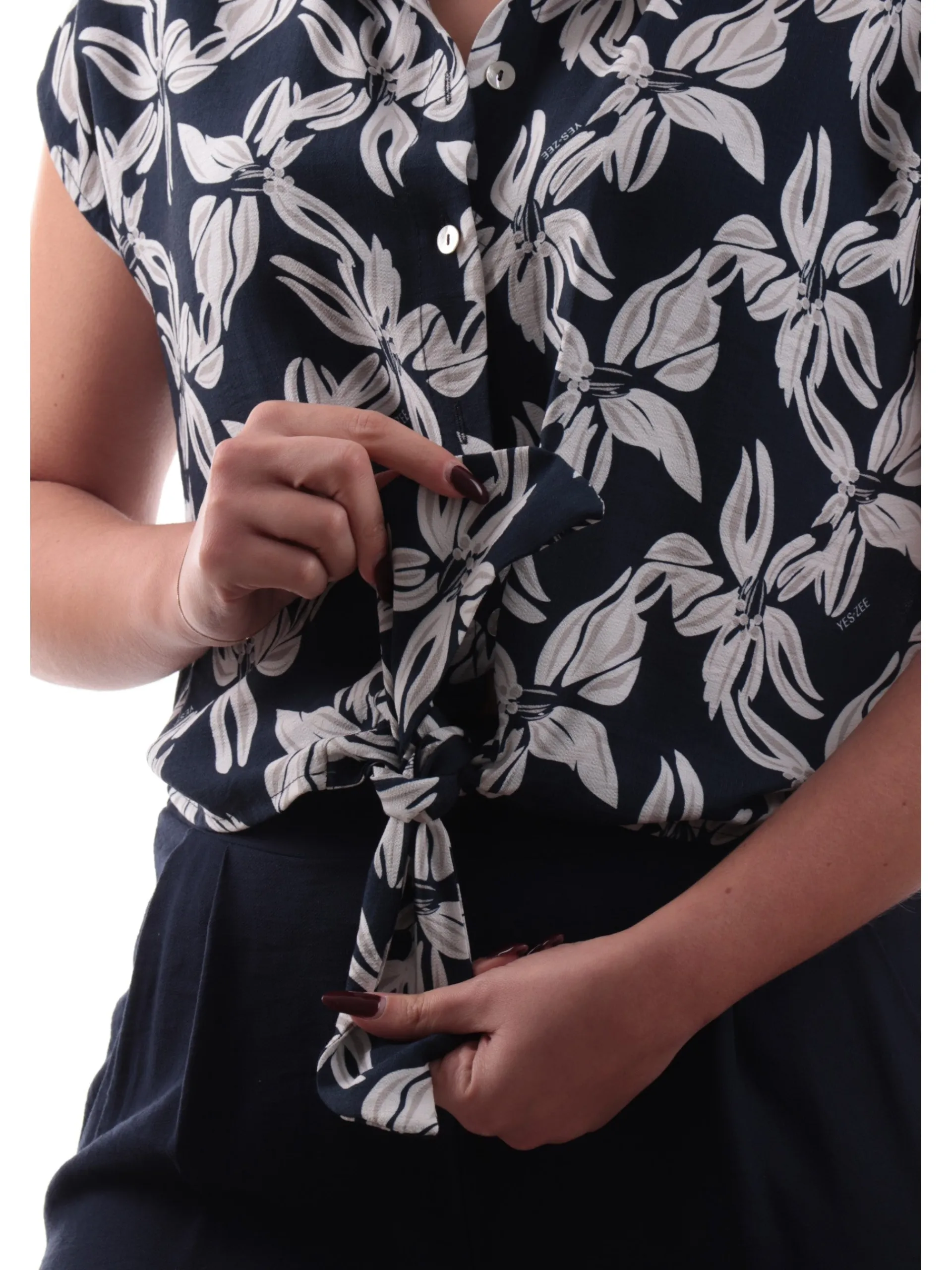 YES ZEE Top & Camicie*Camicia crop con nodo blu da donna smanicata C212YJ00