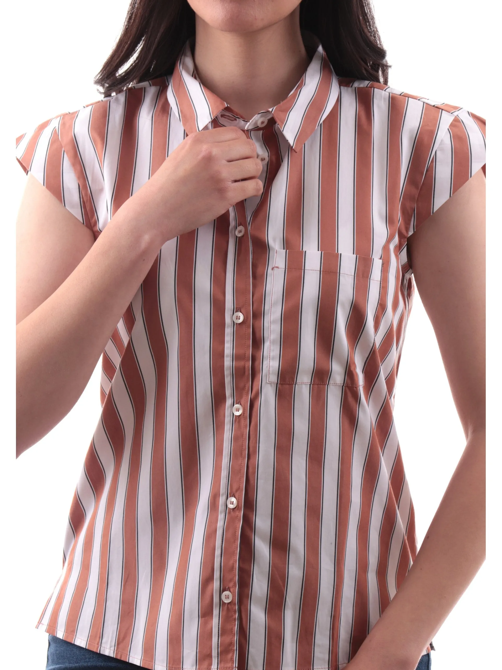 EMME MARELLA Top & Camicie*Camicia smanicata marrone a righe da donna con taschino SALMO