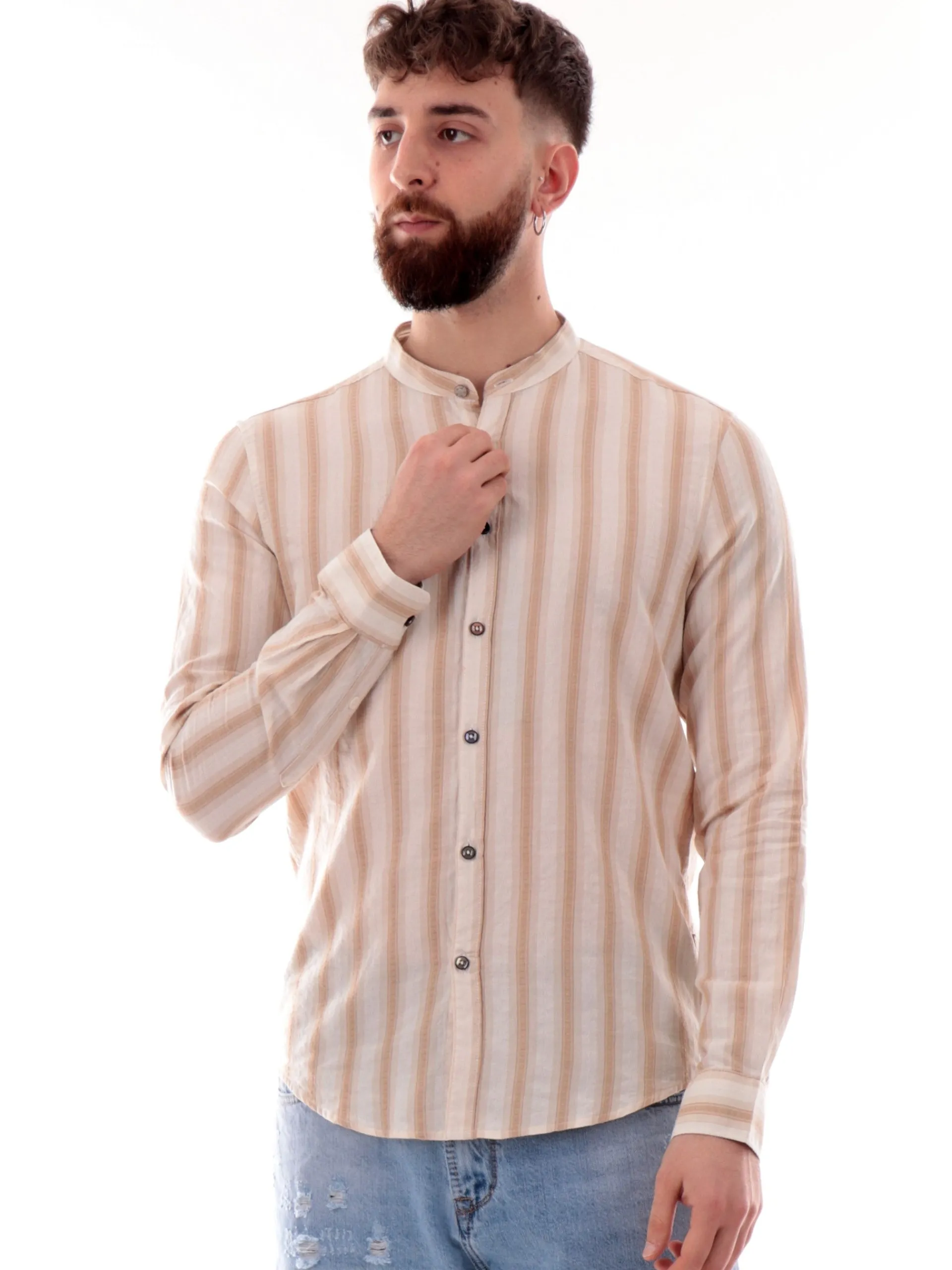 GIANNI LUPO Camicie*Camicia a righe marroni da uomo coreana GL113DA