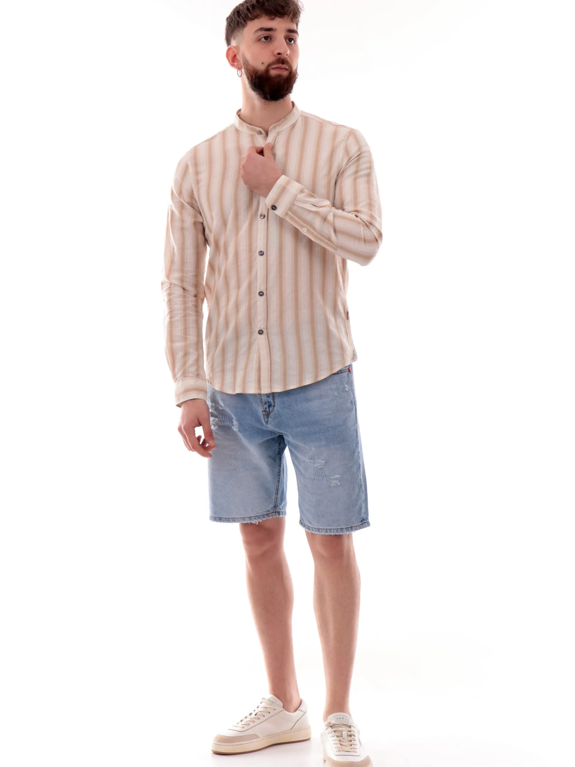 GIANNI LUPO Camicie*Camicia a righe marroni da uomo coreana GL113DA