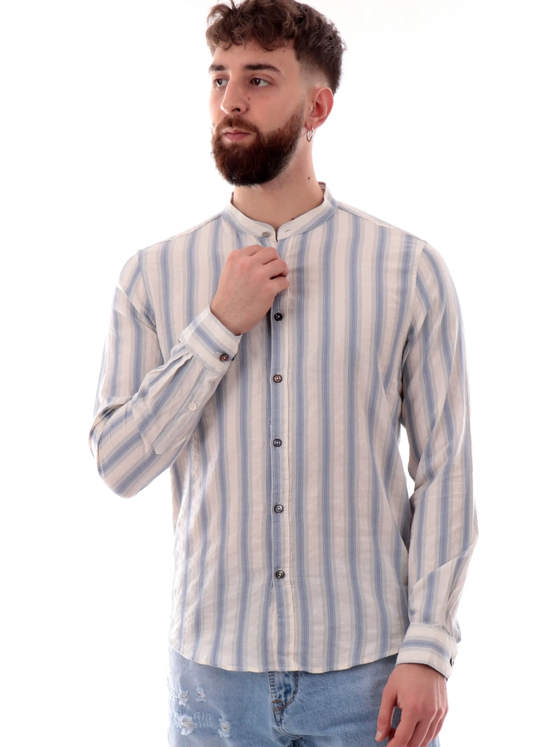 GIANNI LUPO Camicie*Camicia a righe blu da uomo coreana GL113DA