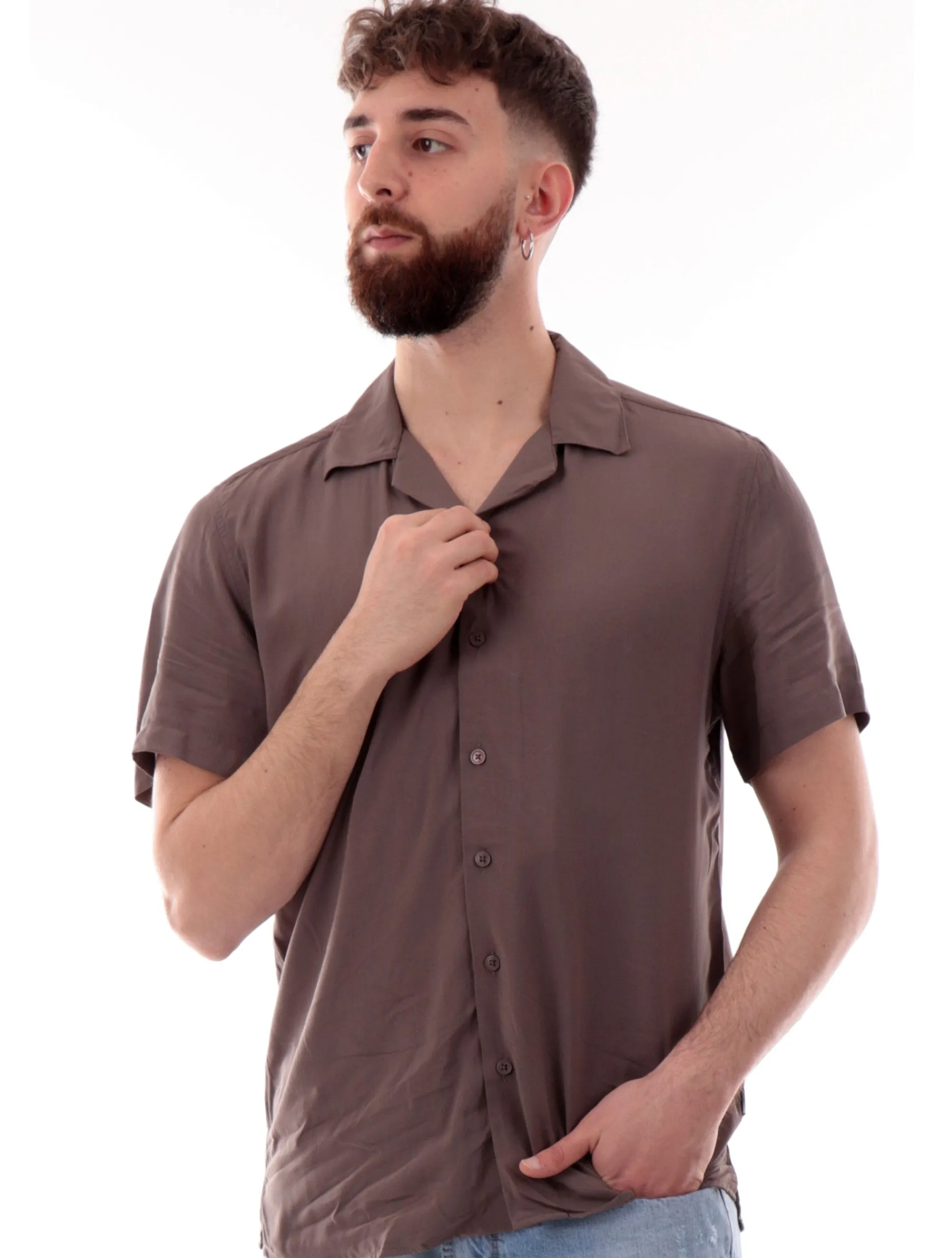 GIANNI LUPO Camicie*Camicia Hawaiana marrone da uomo scollo a V GL7678SS25