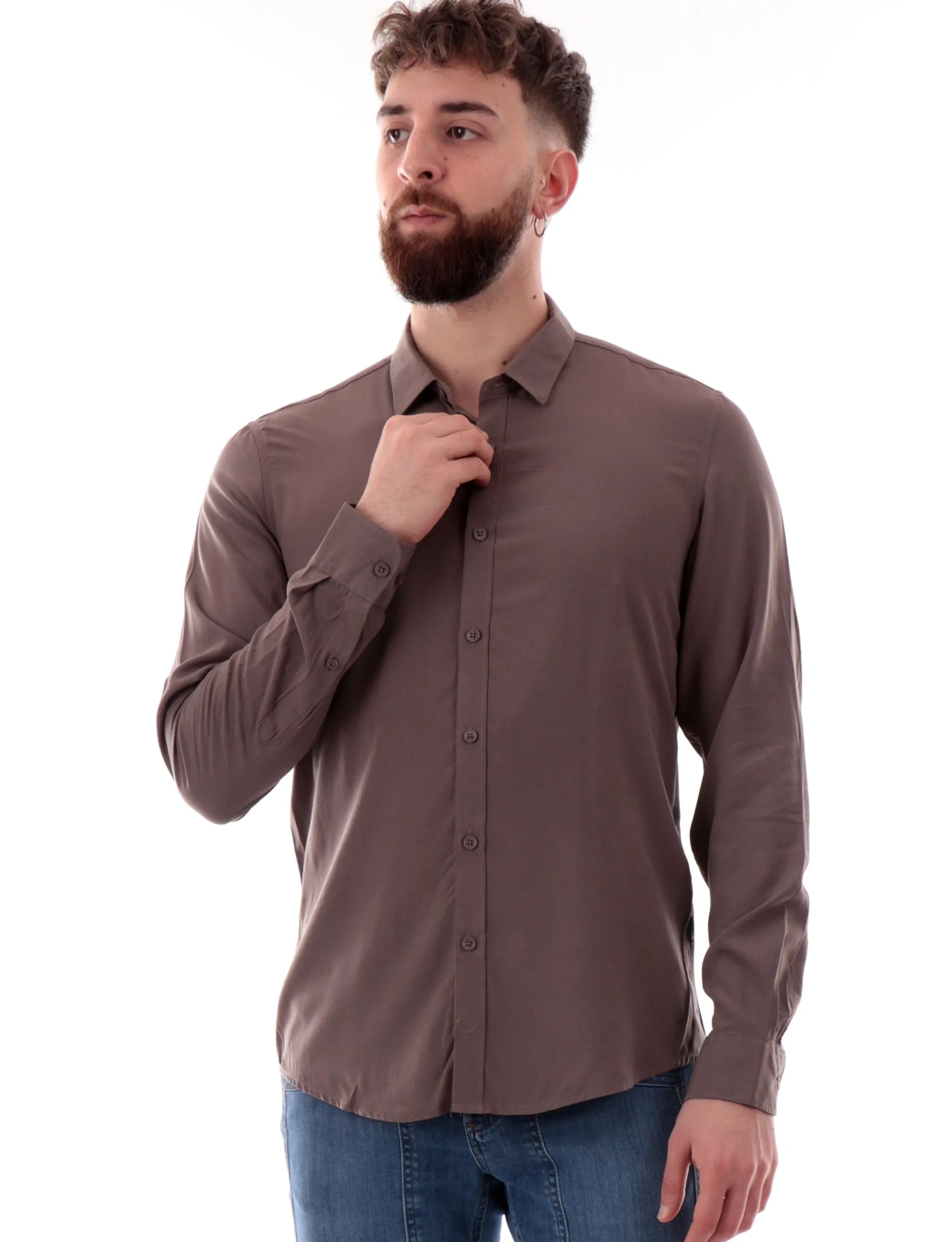 GIANNI LUPO Camicie*Camicia marrone da uomo collo alla francese GL7677SS25