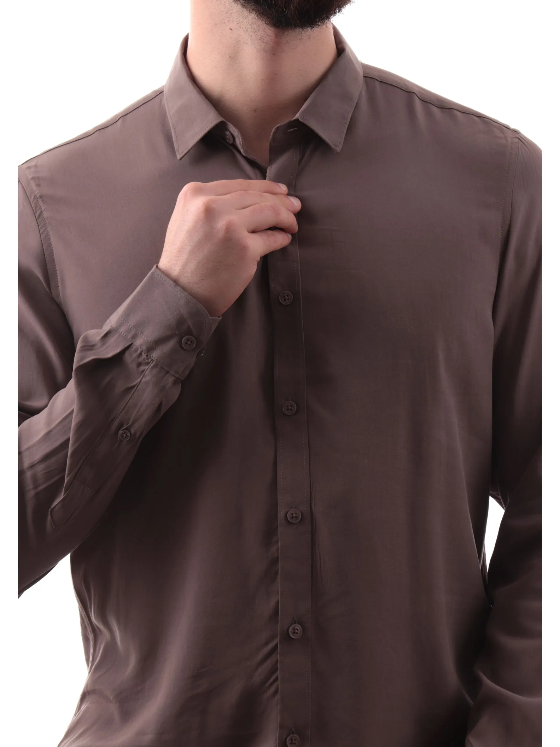 GIANNI LUPO Camicie*Camicia marrone da uomo collo alla francese GL7677SS25