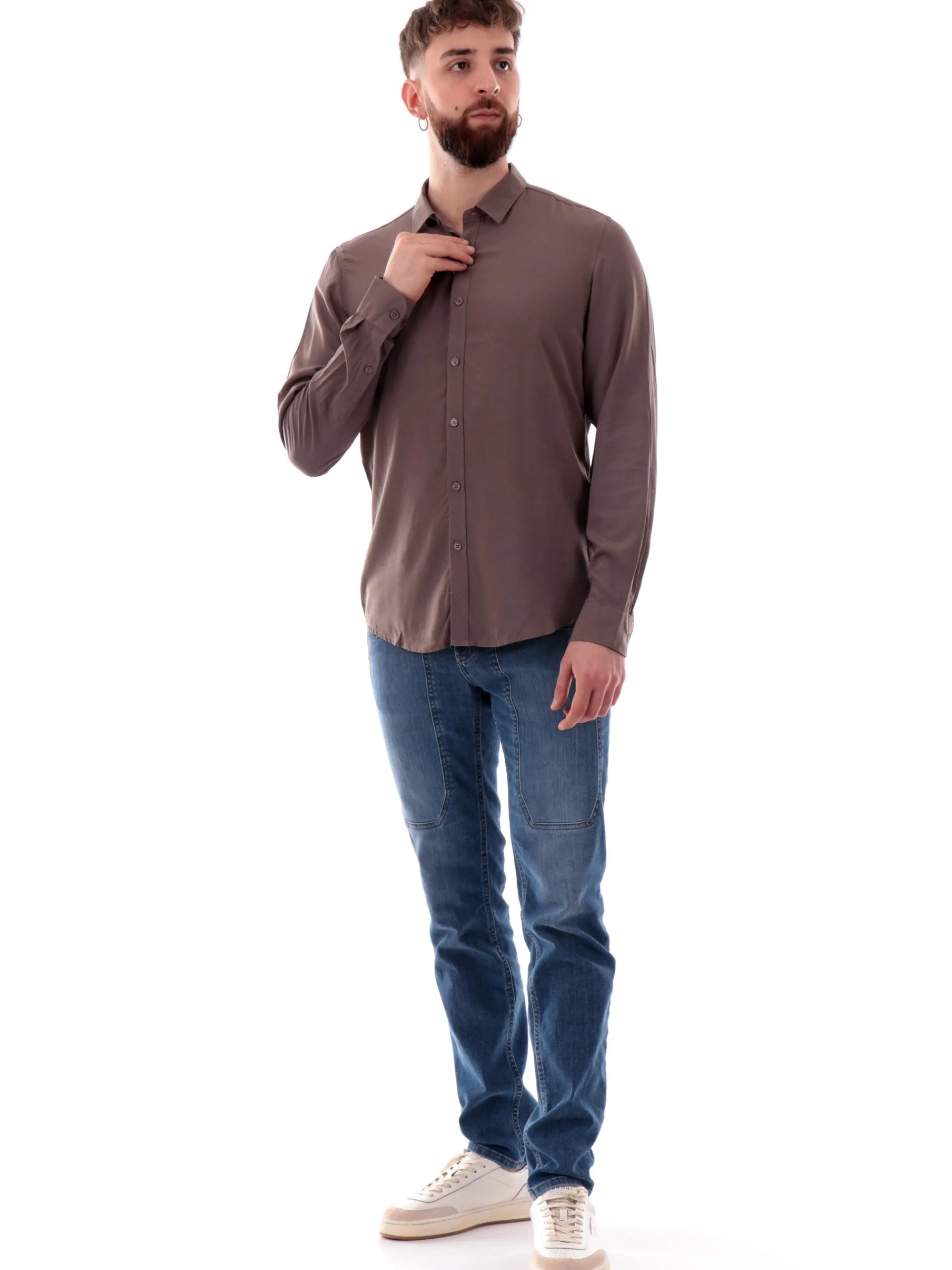 GIANNI LUPO Camicie*Camicia marrone da uomo collo alla francese GL7677SS25
