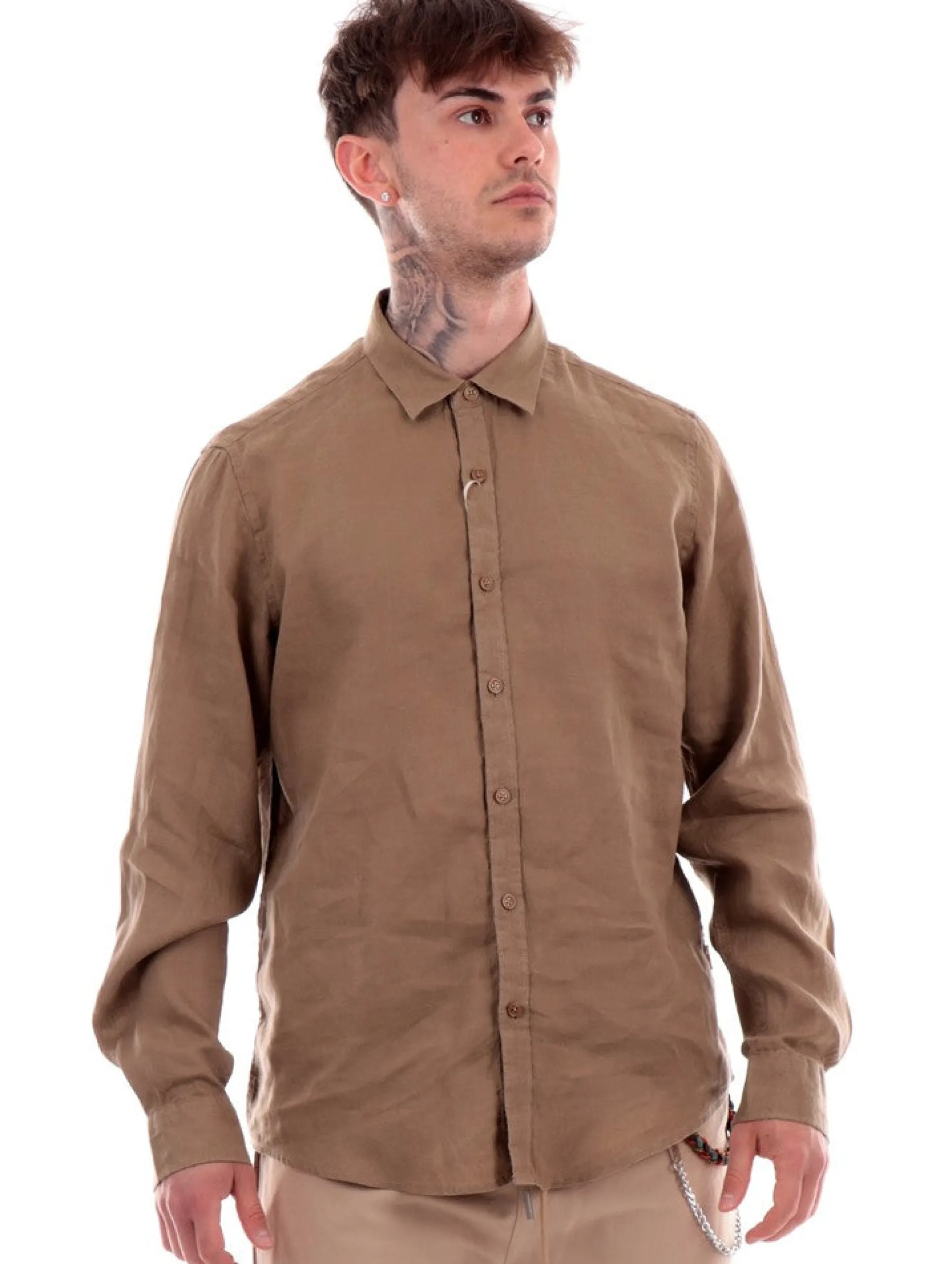 GIANNI LUPO Camicie*Camicia marrone da uomo in lino GL7619SS24