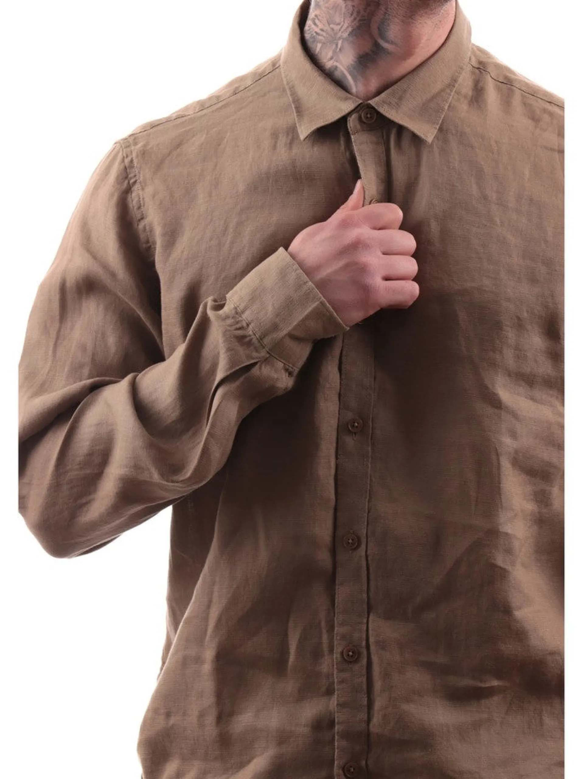 GIANNI LUPO Camicie*Camicia marrone da uomo in lino GL7619SS24