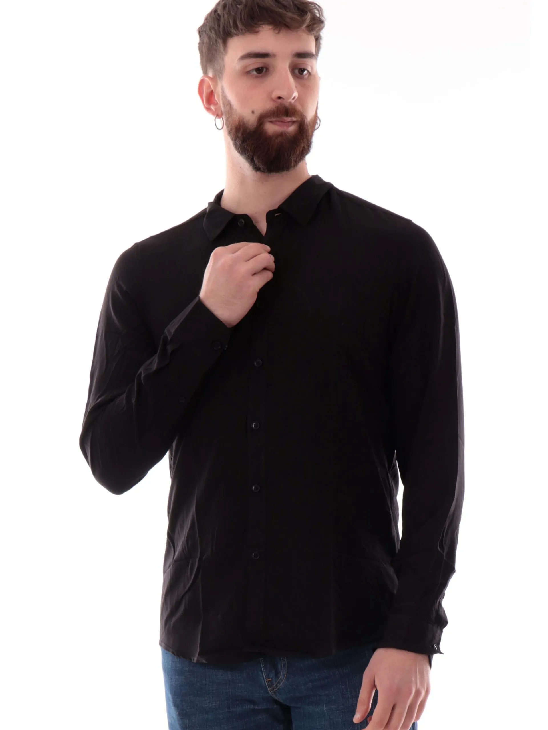 GIANNI LUPO Camicie*Camicia nera da uomo collo alla francese GL7677SS25