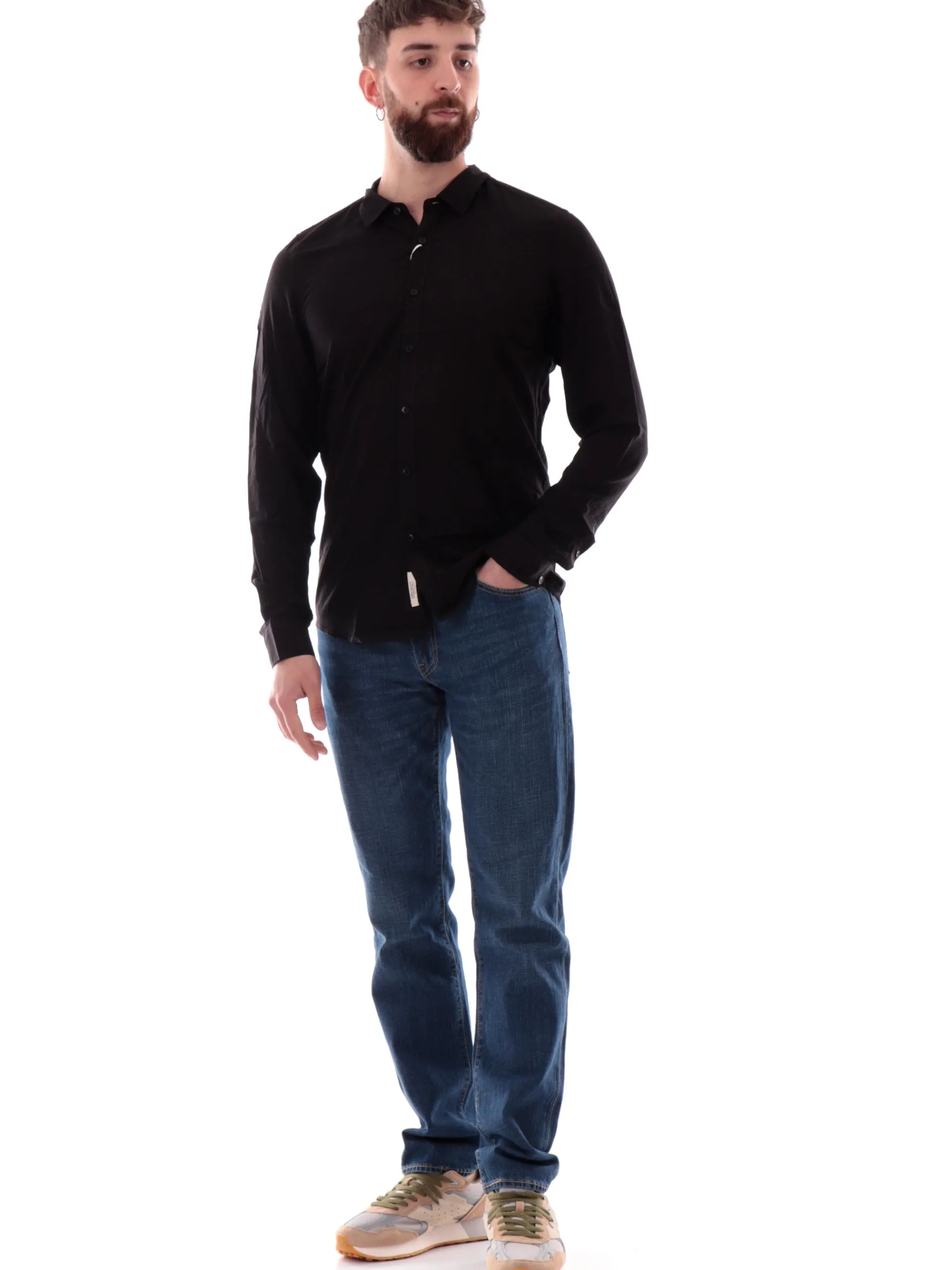 GIANNI LUPO Camicie*Camicia nera da uomo collo alla francese GL7677SS25