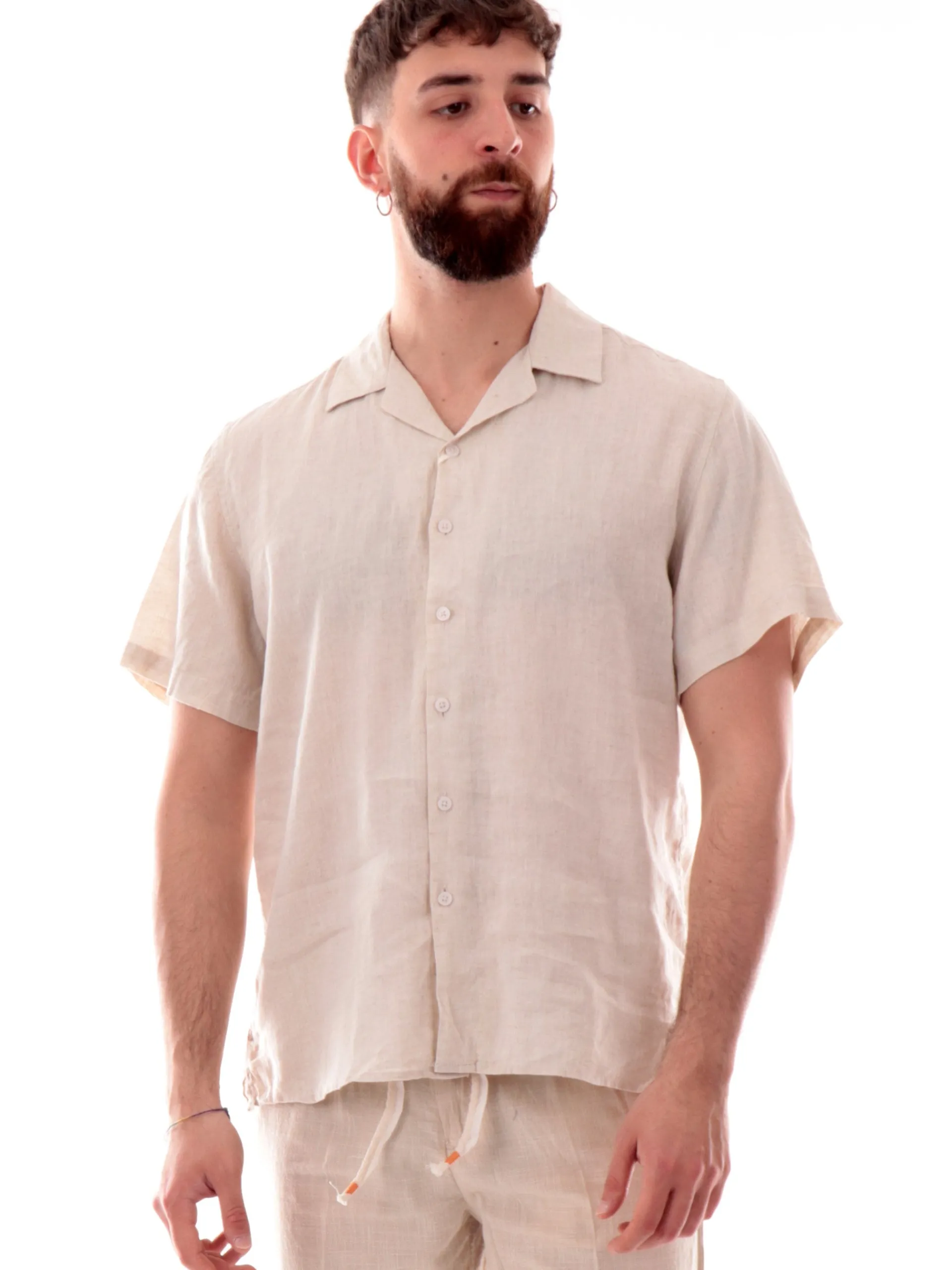 GIANNI LUPO Camicie*Camicia hawaiana beige da uomo in lino scollo a V GL7658SS25