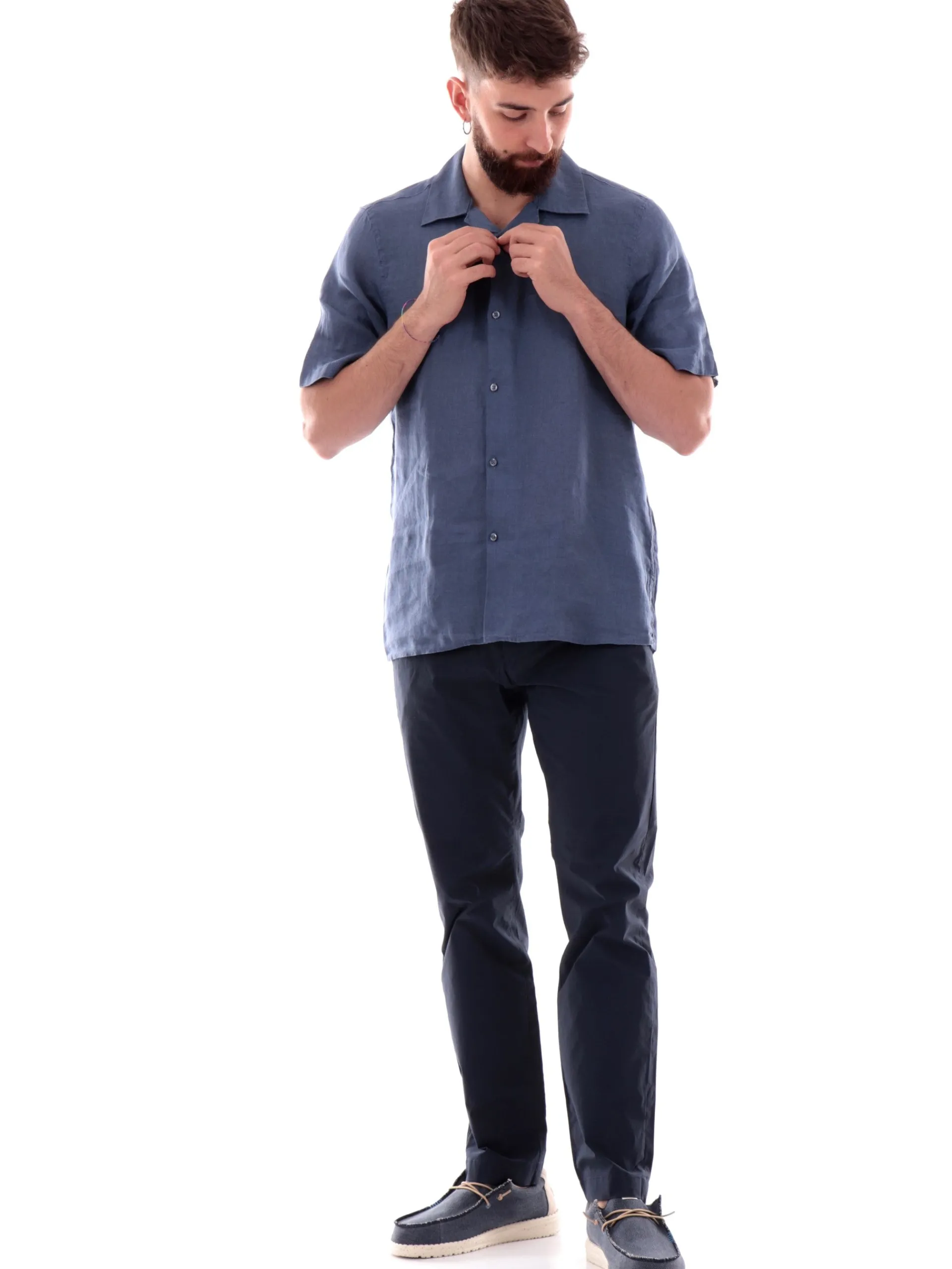 IMPURE Camicie*Camicia Bowling blu da uomo scollo a V in lino WILL