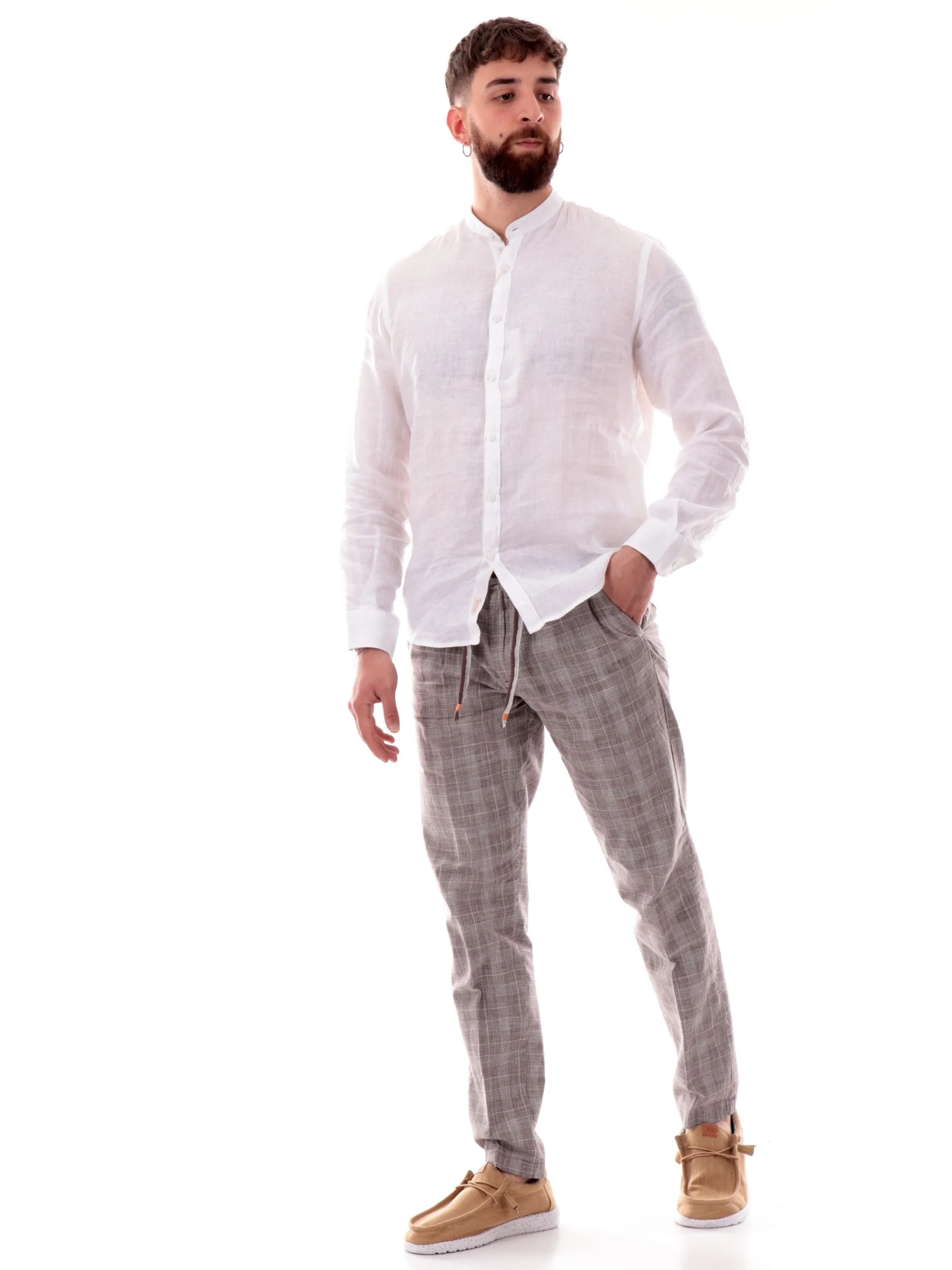 IMPURE Camicie*Camicia coreana bianca da uomo in lino LARS