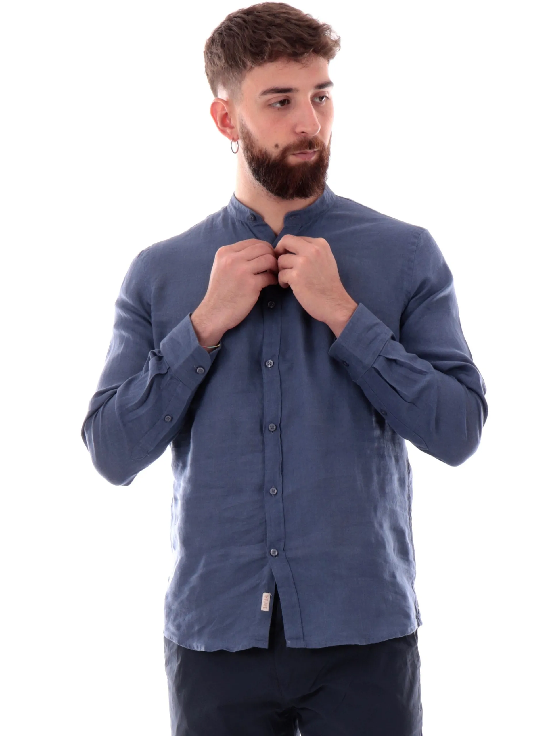 IMPURE Camicie*Camicia coreana blu da uomo in lino LARS