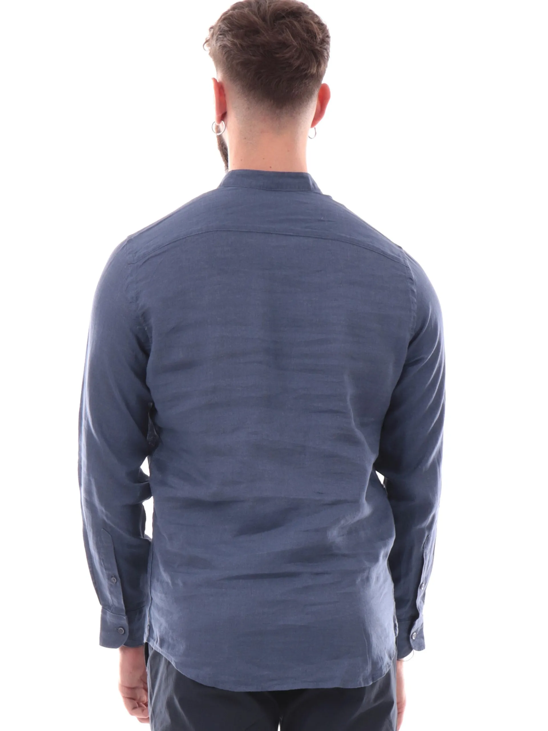 IMPURE Camicie*Camicia coreana blu da uomo in lino LARS